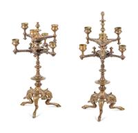 A Pair of Continental Gilt Bronze Six-Light Candelabra