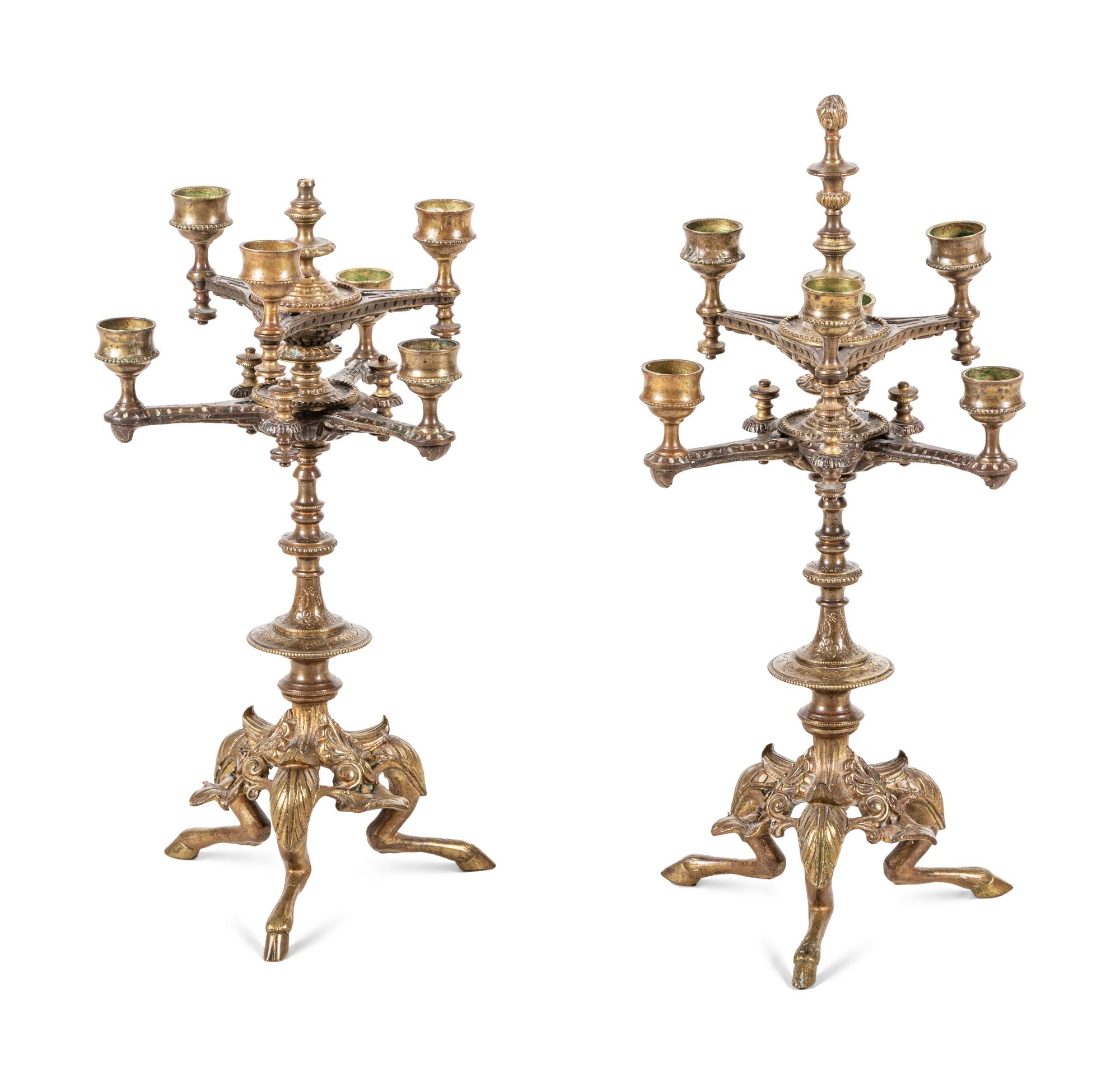 A Pair of Continental Gilt Bronze Six-Light Candelabra