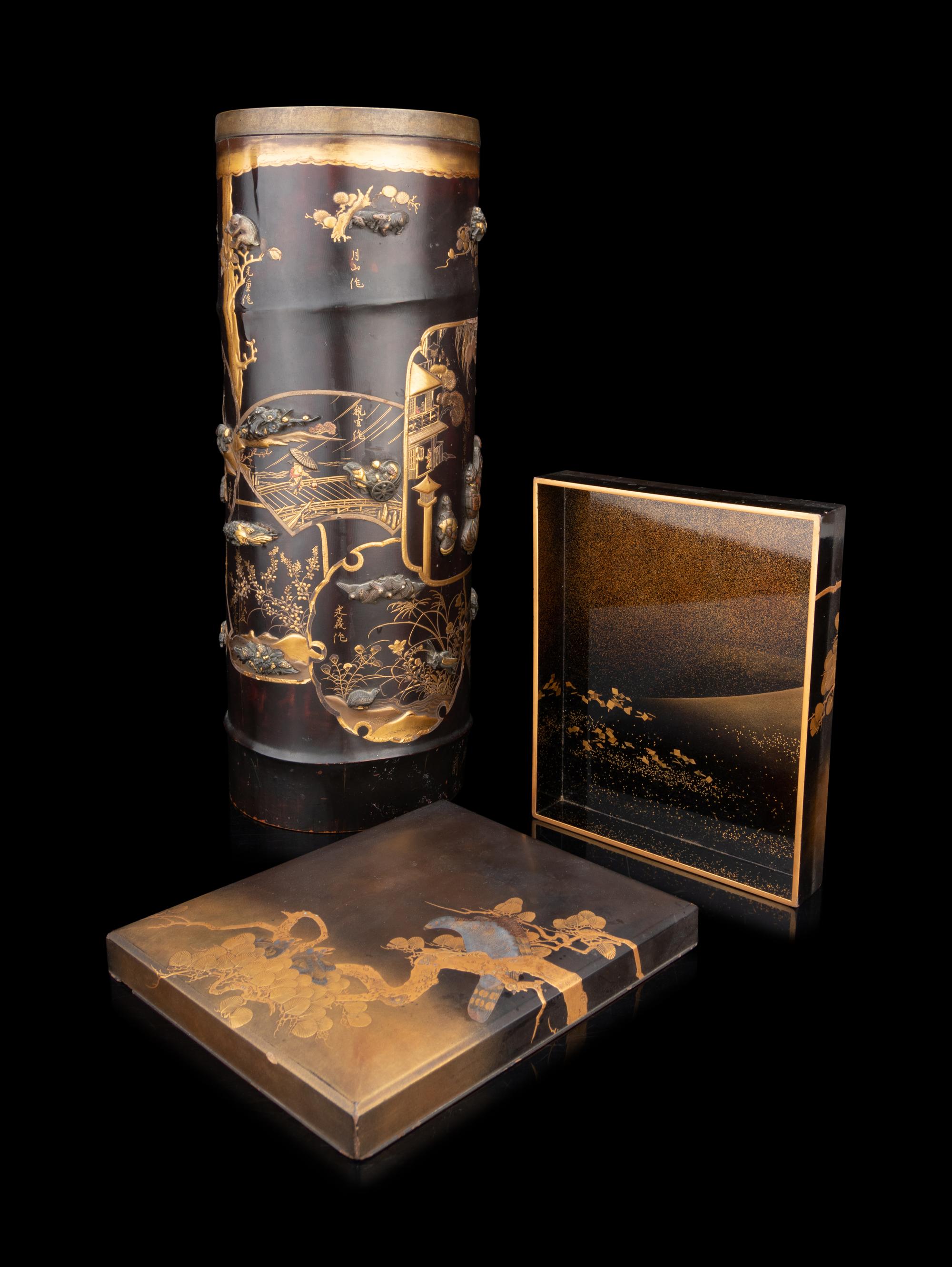 Two Japanese Black Lacquered and Gilt Decorated Articles