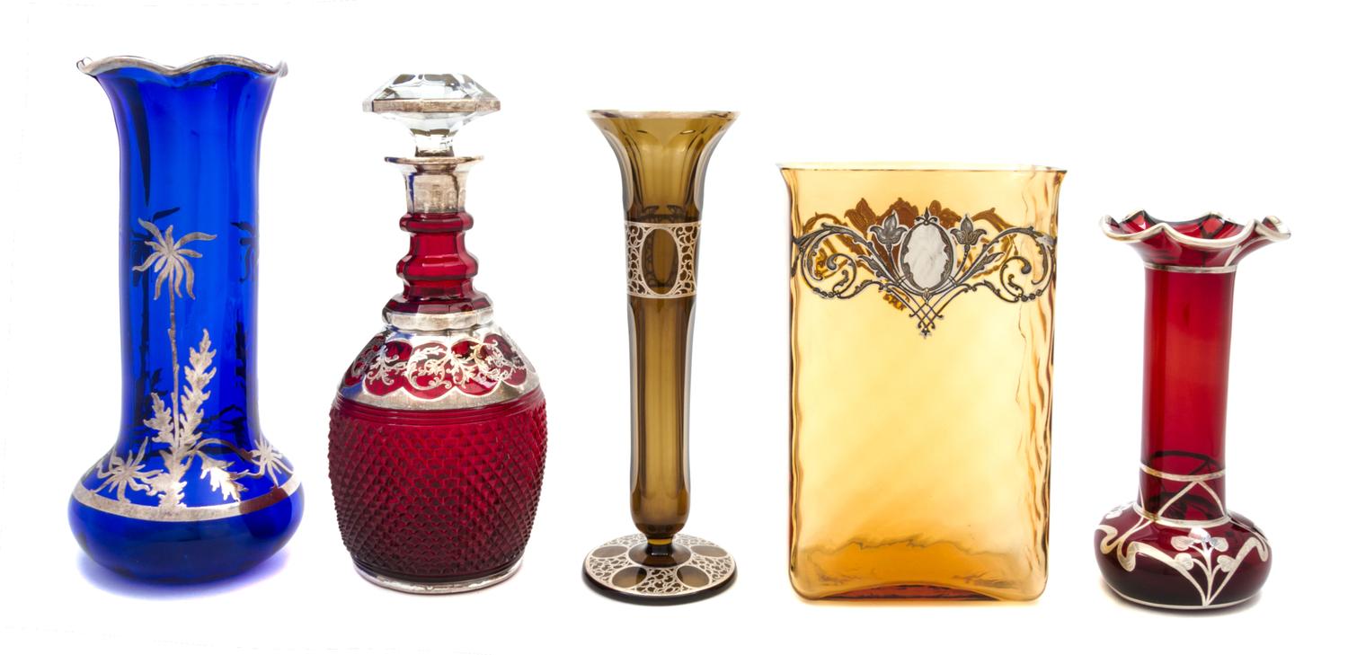 A Group of Silver Overlay Glass Articles Height of tallest 12 inches.