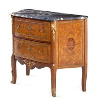 A Louis XV/XVI Transitional Style Gilt Bronze Mounted Marquetry Marble-Top Commode