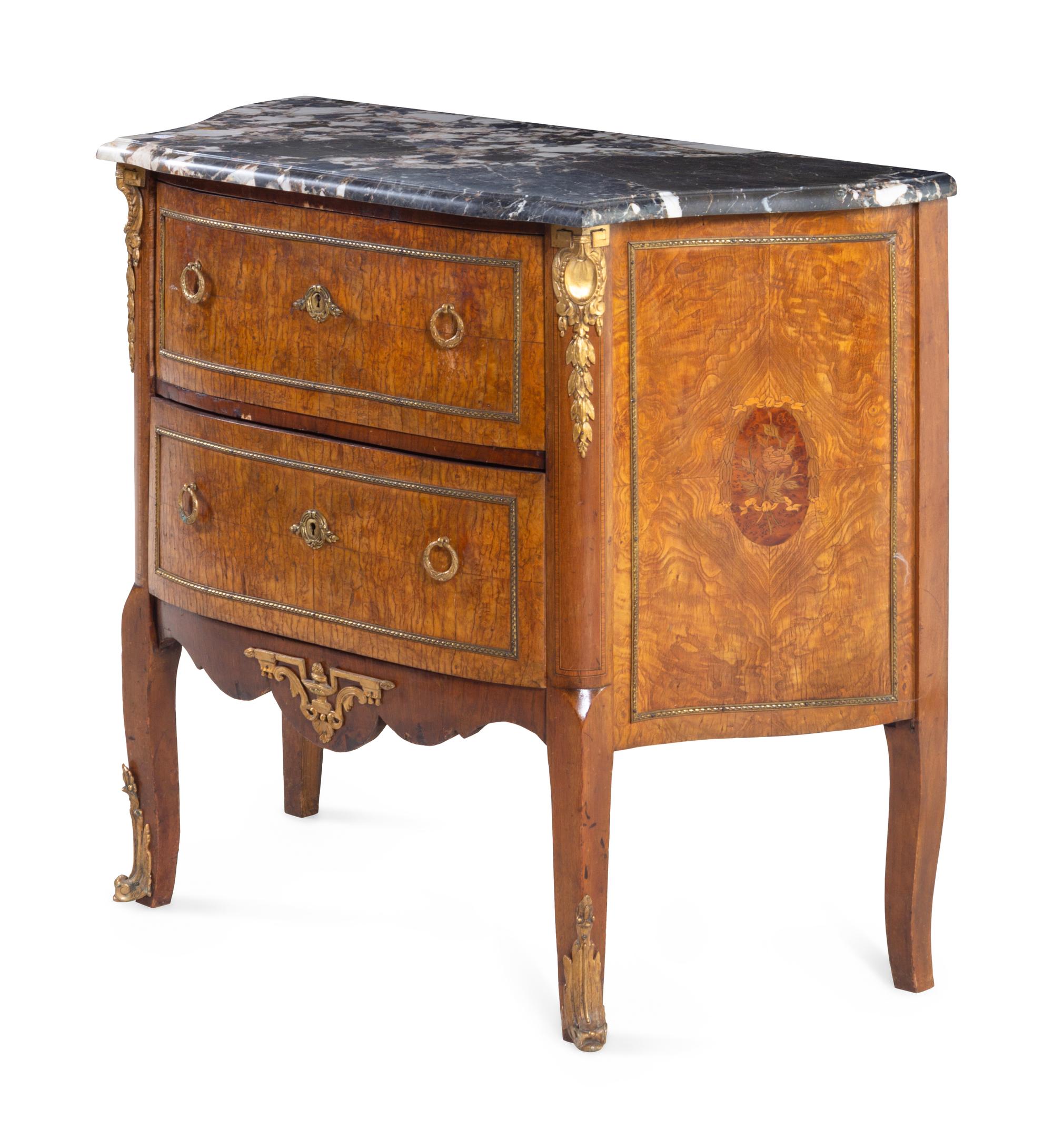 A Louis XV/XVI Transitional Style Gilt Bronze Mounted Marquetry Marble-Top Commode