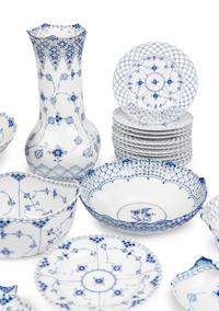 An Assembled Royal Copenhagen Blue Fluted Full Lace Porcelain Partial Dessert Service