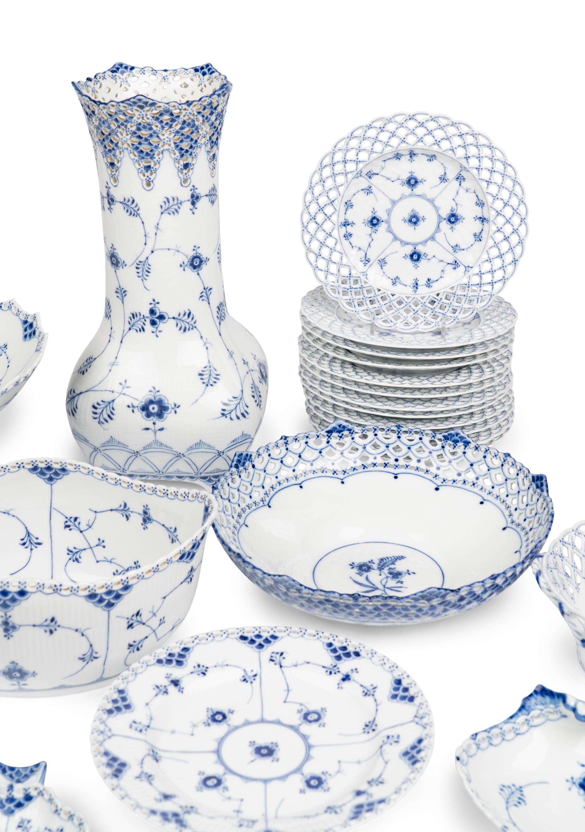 An Assembled Royal Copenhagen Blue Fluted Full Lace Porcelain Partial Dessert Service