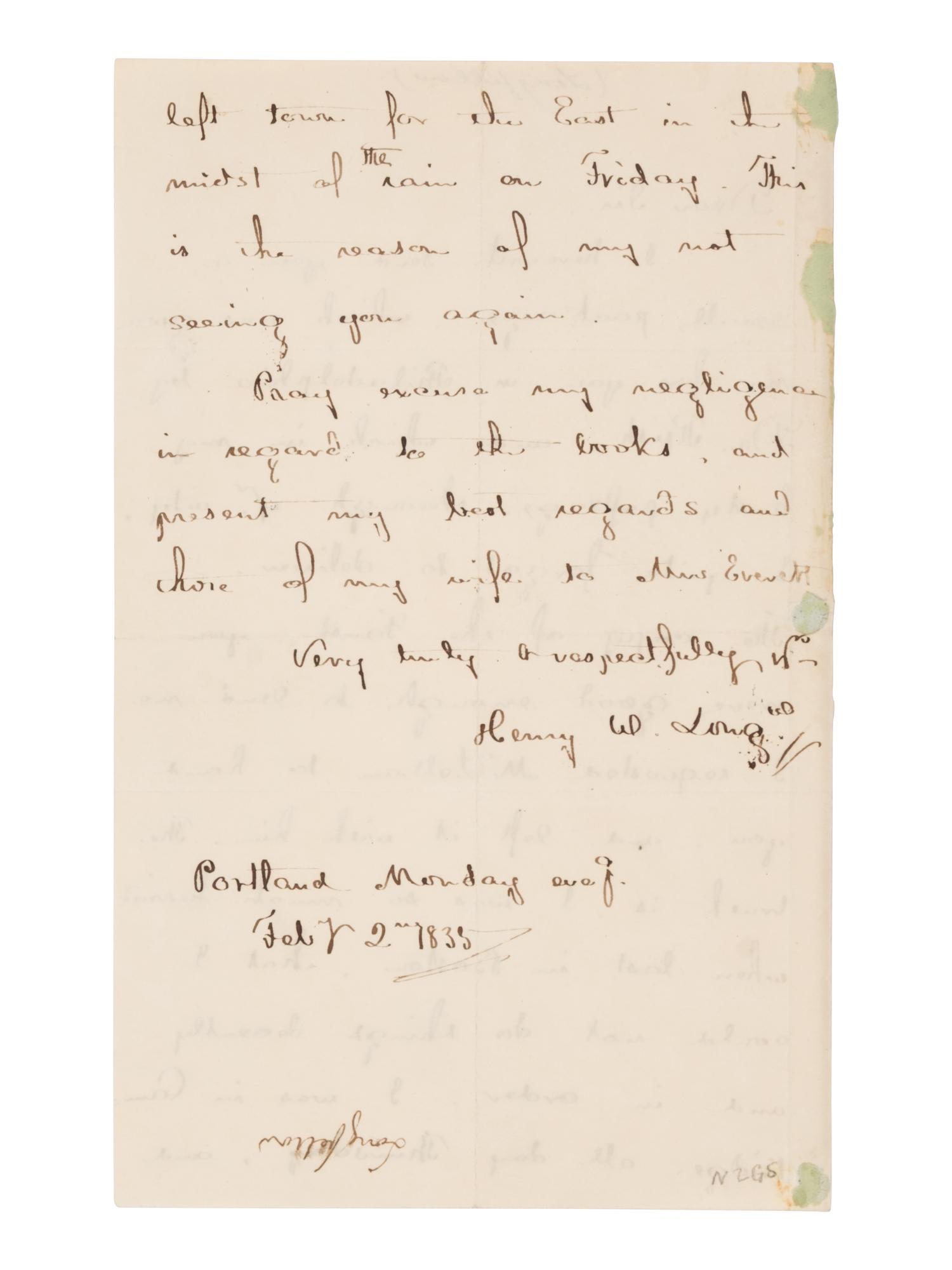 [Literature] Longfellow, Henry Wadsworth . Autograph Letter, signed