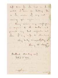 [Literature] Longfellow, Henry Wadsworth . Autograph Letter, signed