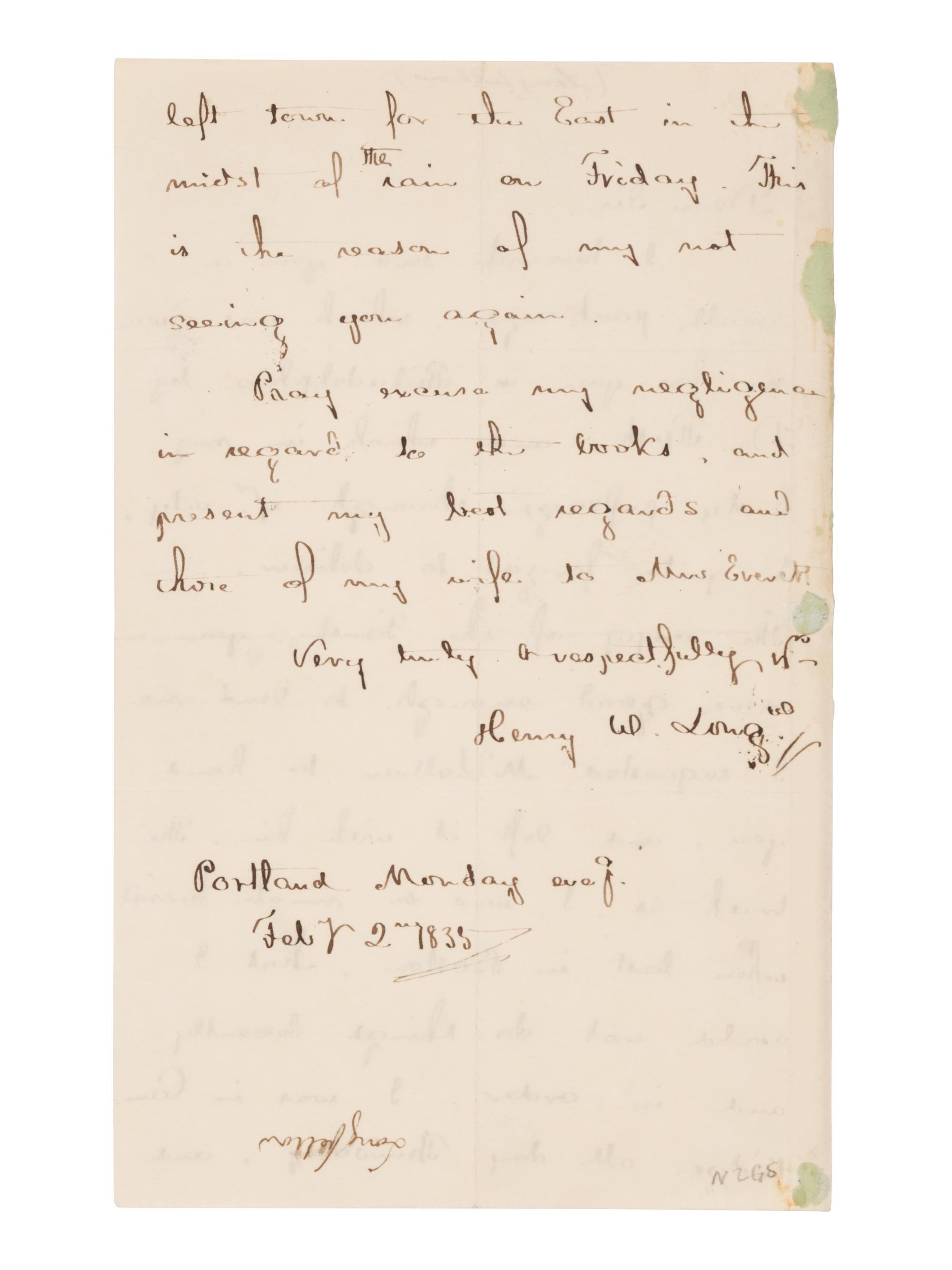 [Literature] Longfellow, Henry Wadsworth . Autograph Letter, signed