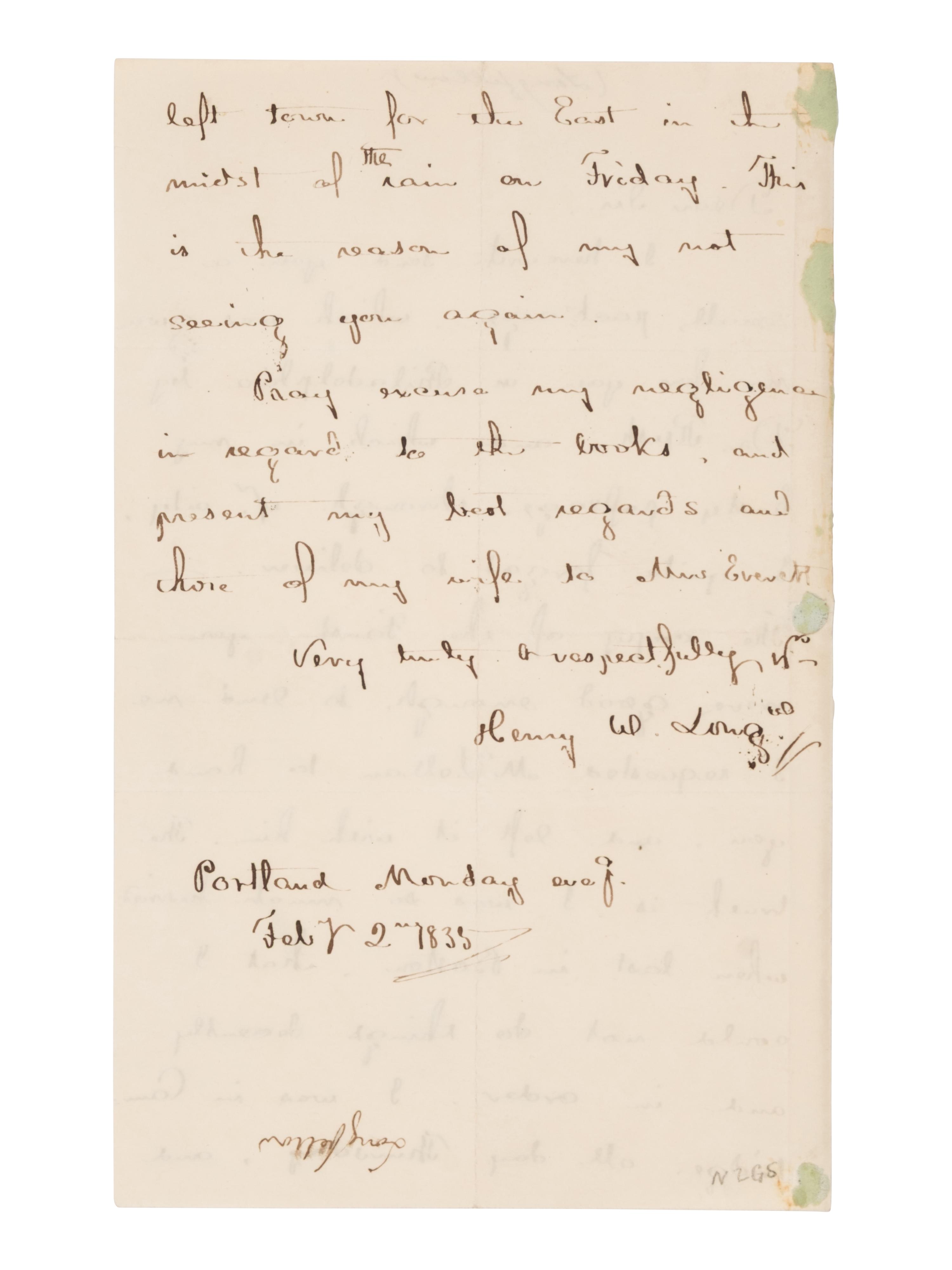 [Literature] Longfellow, Henry Wadsworth . Autograph Letter, signed
