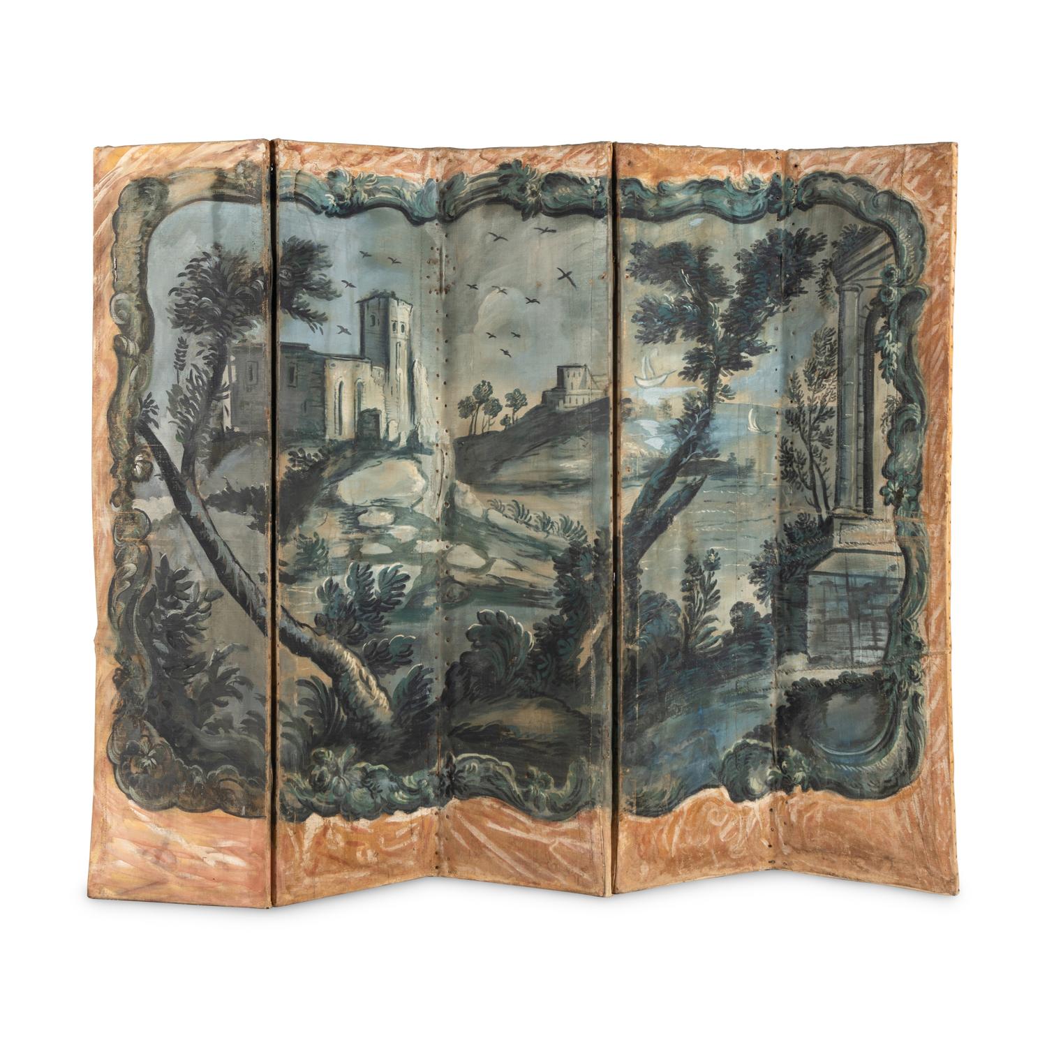 A Continental Painted Canvas Five-Panel Floor Screen