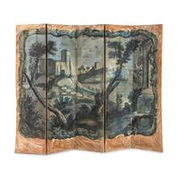 A Continental Painted Canvas Five-Panel Floor Screen