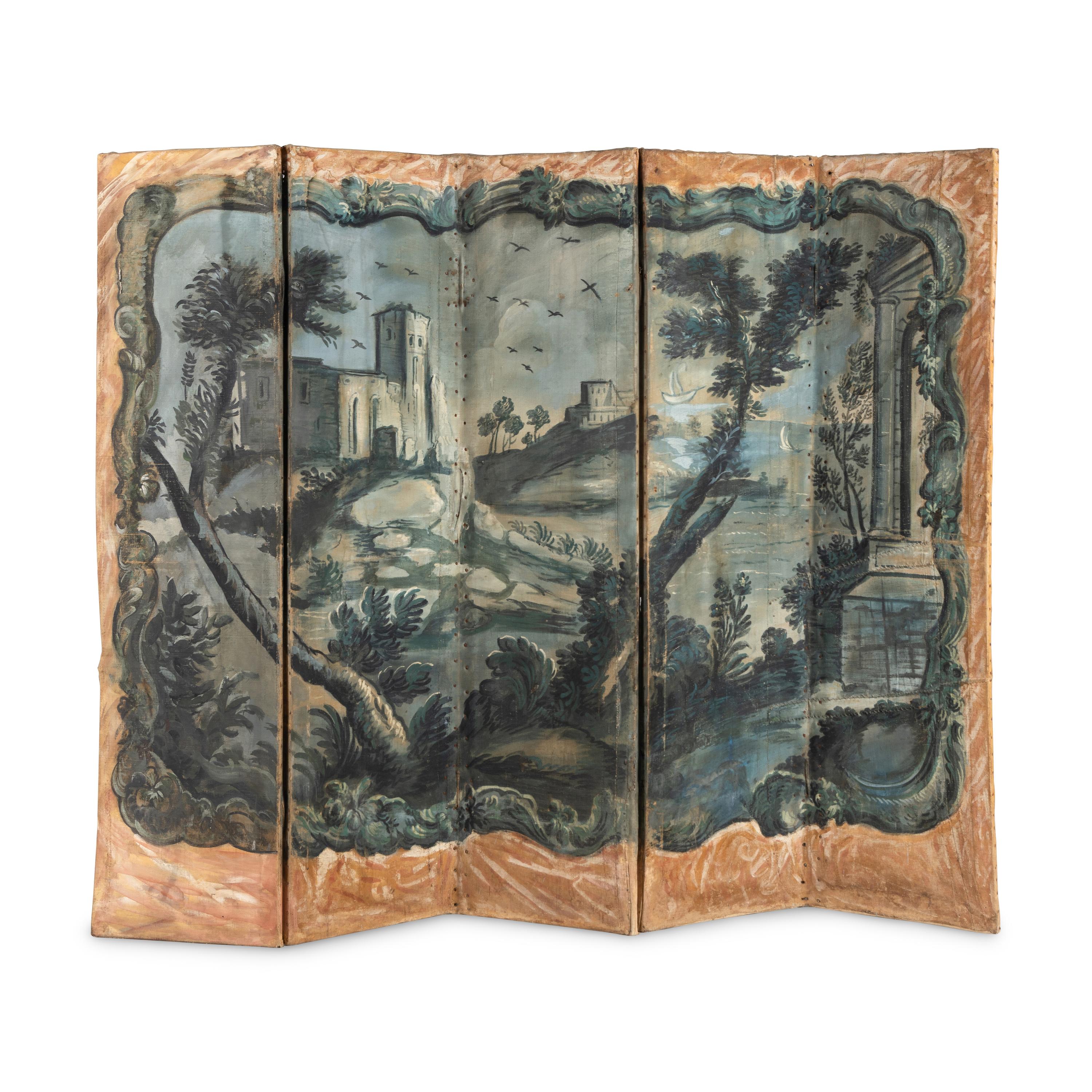 A Continental Painted Canvas Five-Panel Floor Screen