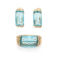 BLUE GLASS, DIAMOND, AND YELLOW GOLD RING AND EARRINGS