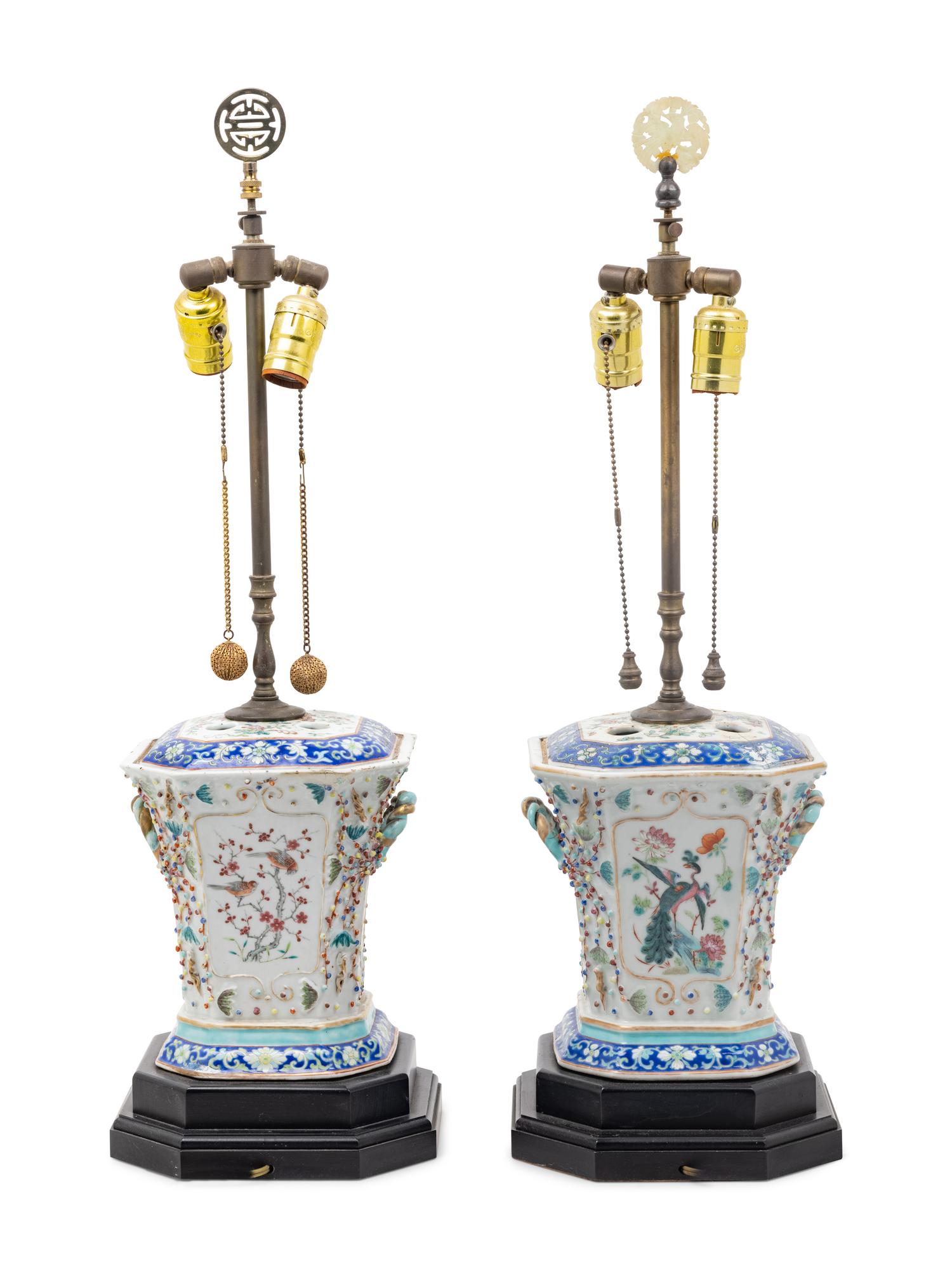 A Pair of Chinese Export Famille Rose Porcelain Tulipières Mounted as Lamps