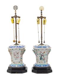 A Pair of Chinese Export Famille Rose Porcelain Tulipières Mounted as Lamps