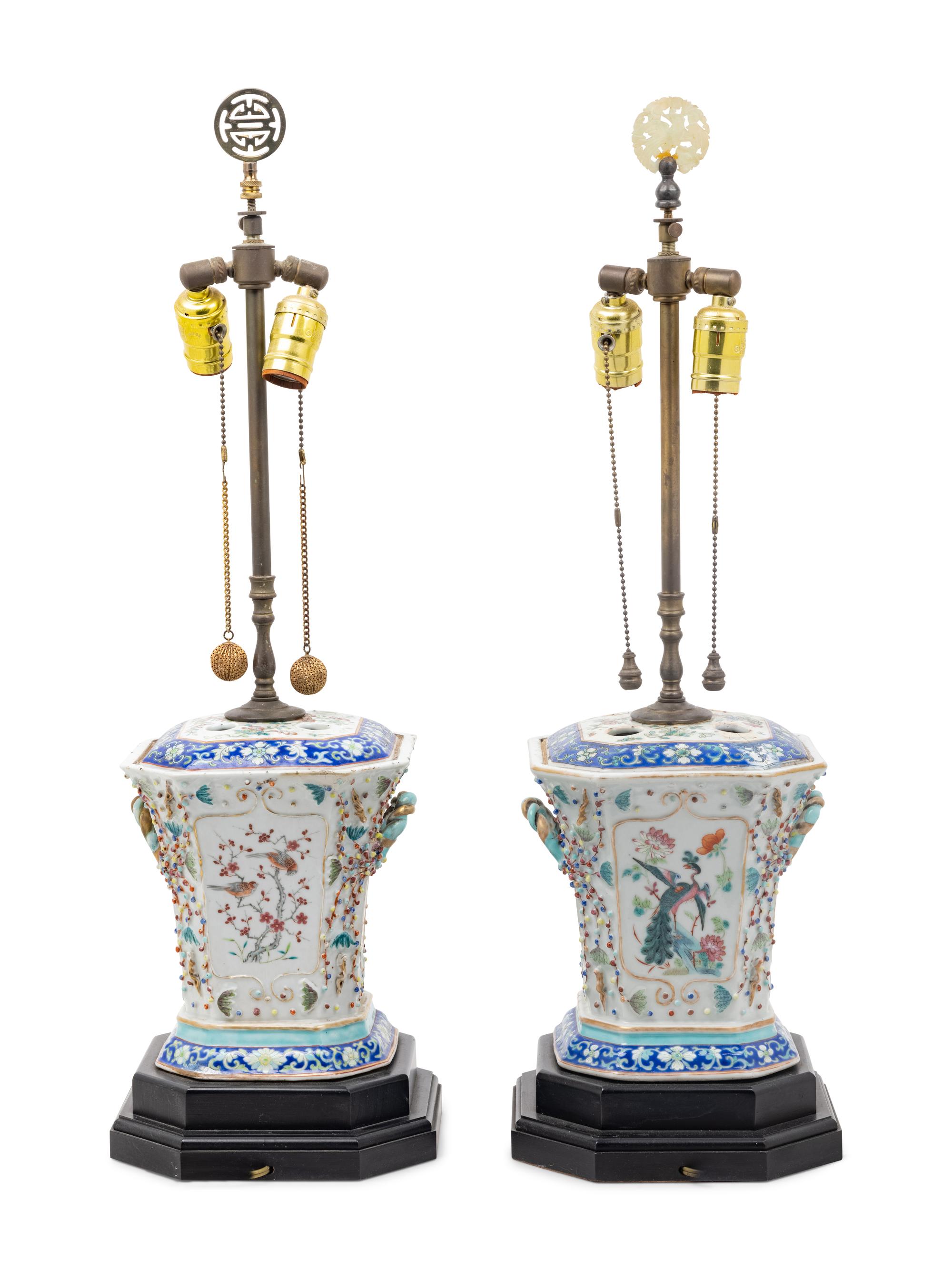 A Pair of Chinese Export Famille Rose Porcelain Tulipières Mounted as Lamps