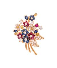 TIFFANY & CO., DIAMOND, COLORED DIAMOND, SAPPHIRE AND RUBY BOUQUET BROOCH