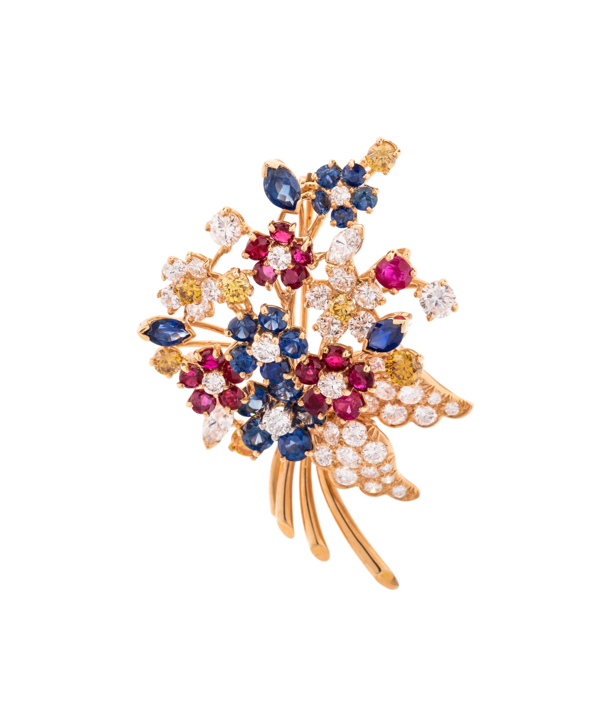 TIFFANY & CO., DIAMOND, COLORED DIAMOND, SAPPHIRE AND RUBY BOUQUET BROOCH