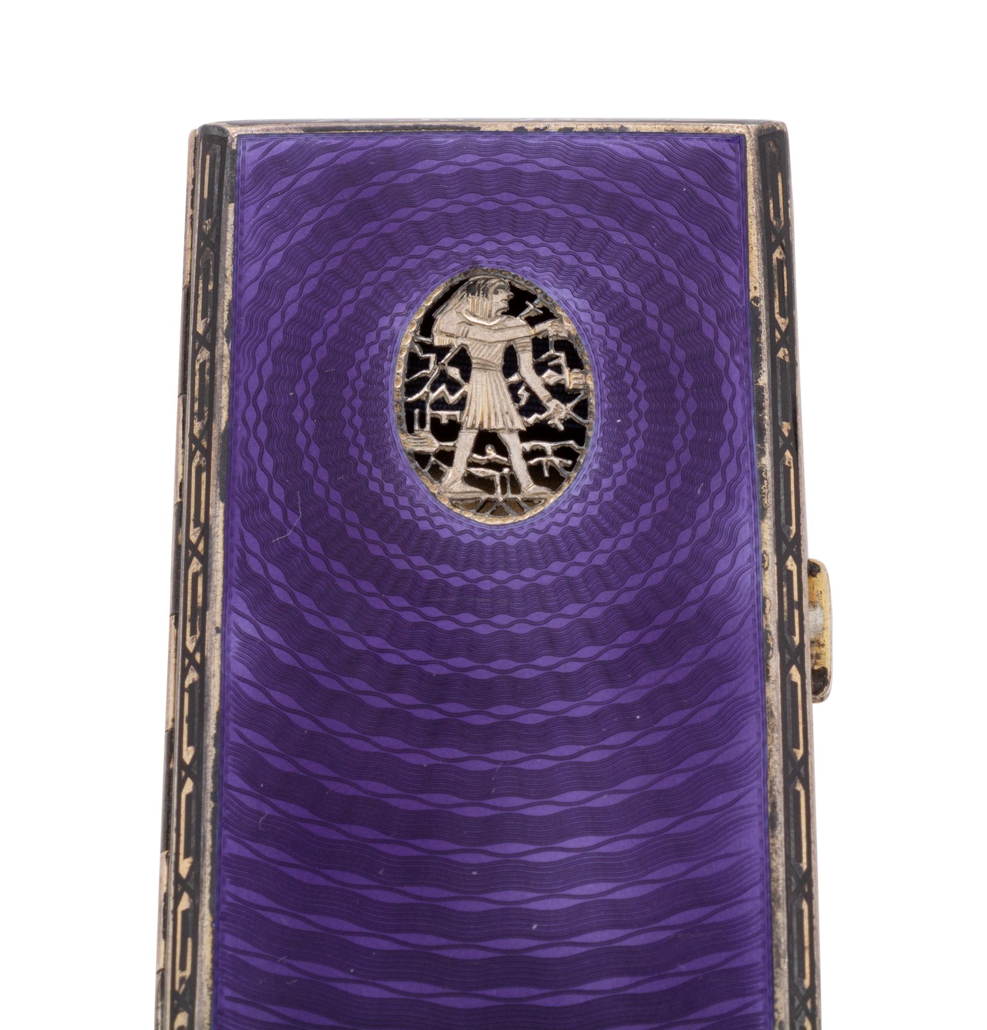 A Continental Silver and Guilloche Enamel "Egyptian" Cigarette Case