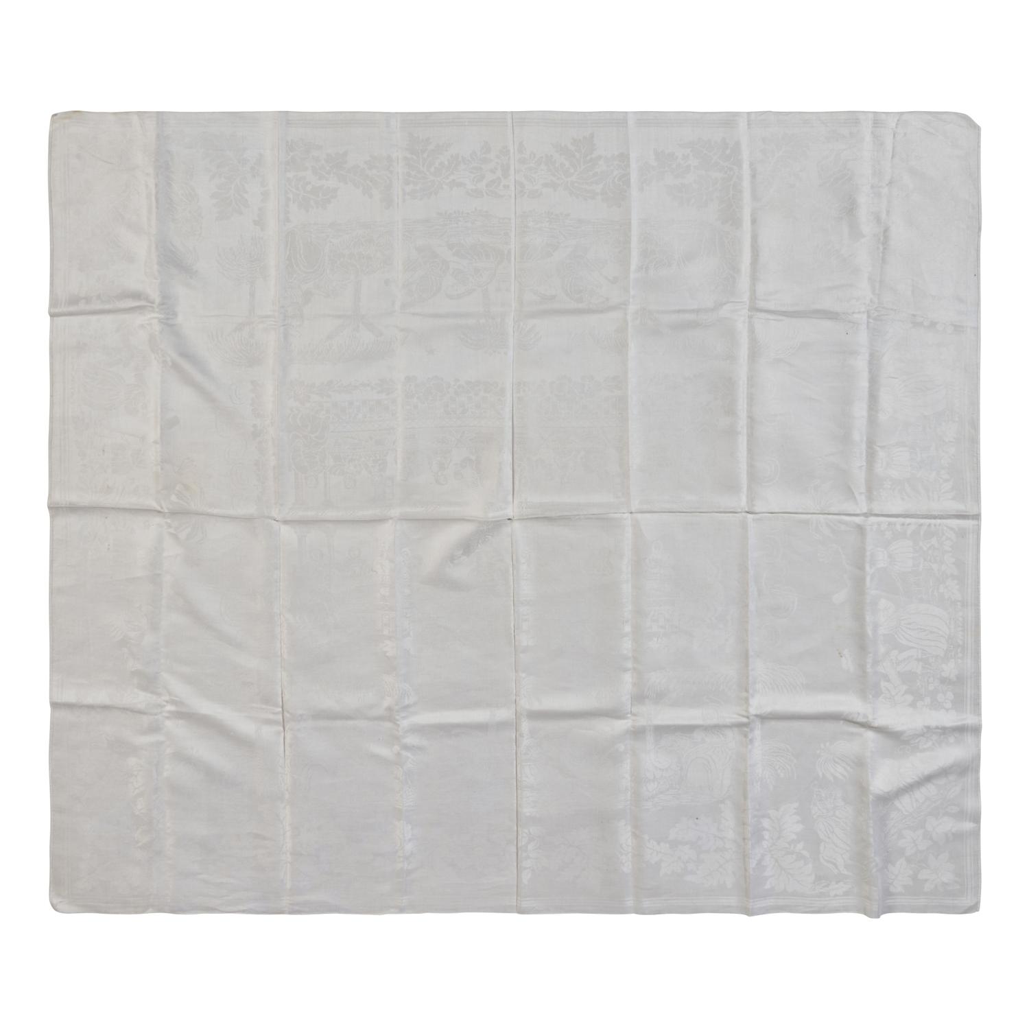 An Ecclesiastical White Damask Linen Altar Cloth Depicting Scenes from the Life of Christ