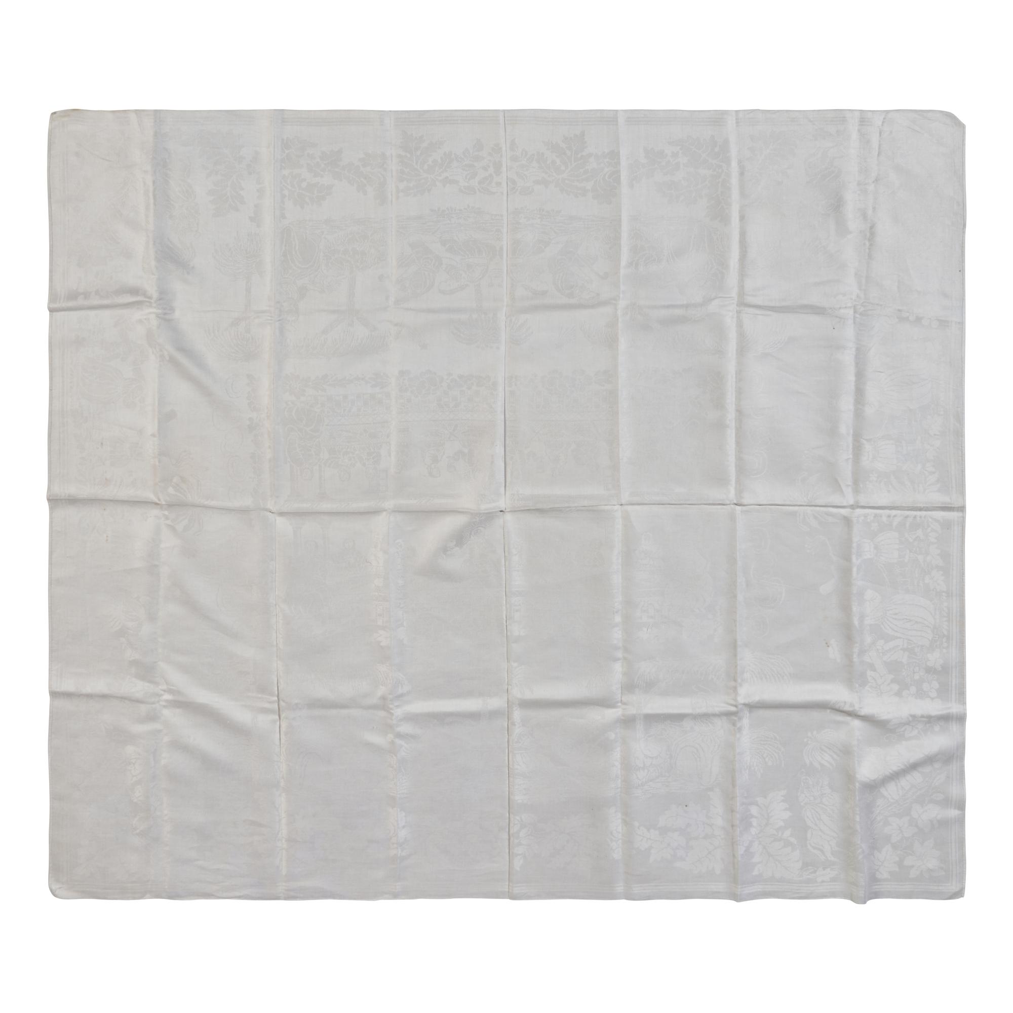 An Ecclesiastical White Damask Linen Altar Cloth Depicting Scenes from the Life of Christ