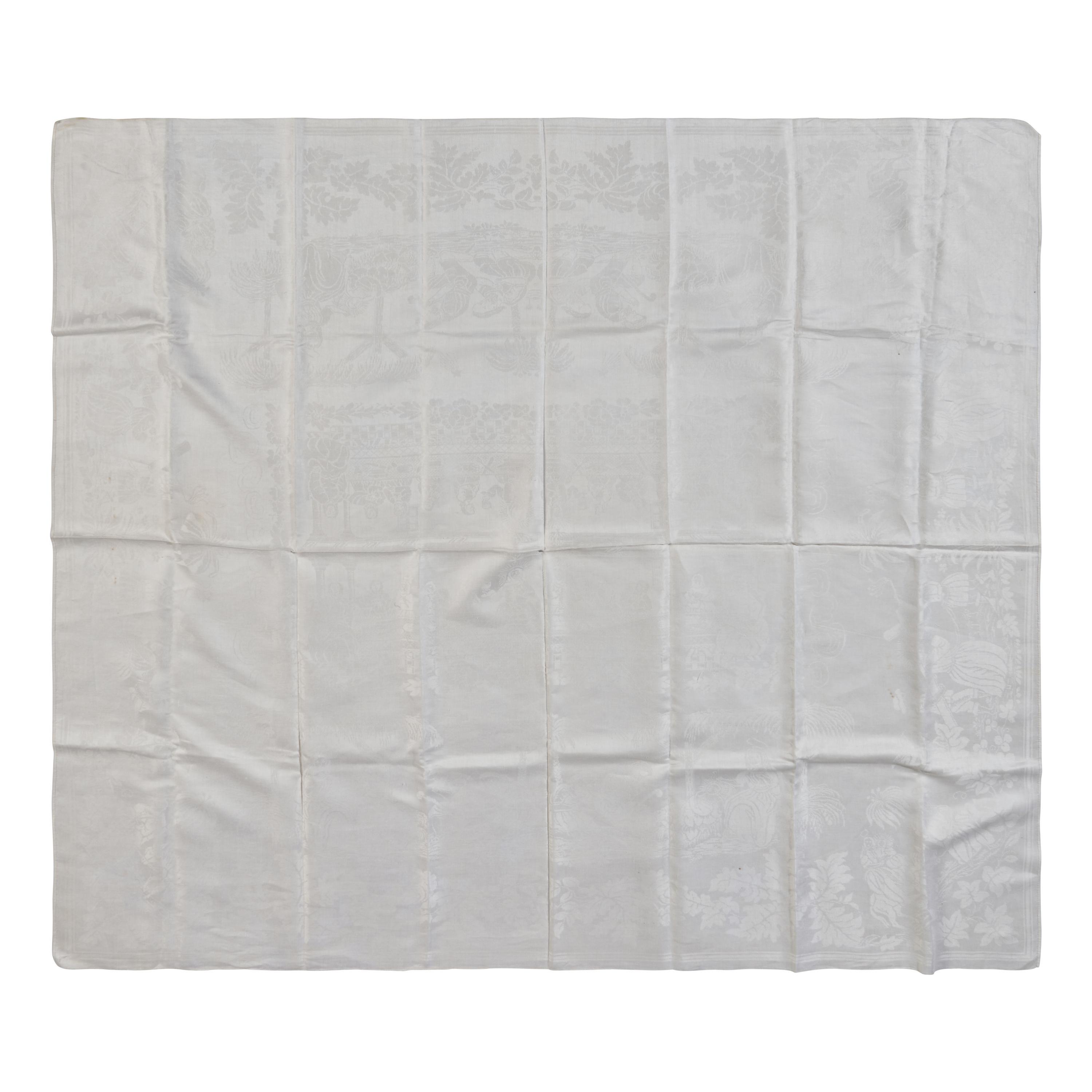 An Ecclesiastical White Damask Linen Altar Cloth Depicting Scenes from the Life of Christ