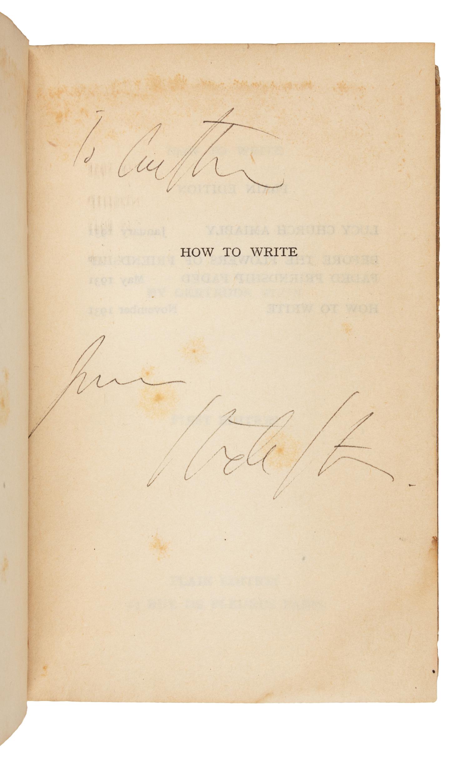 STEIN, Gertrude (1874-1946). How to Write. Paris: Plain Edition, 1931.