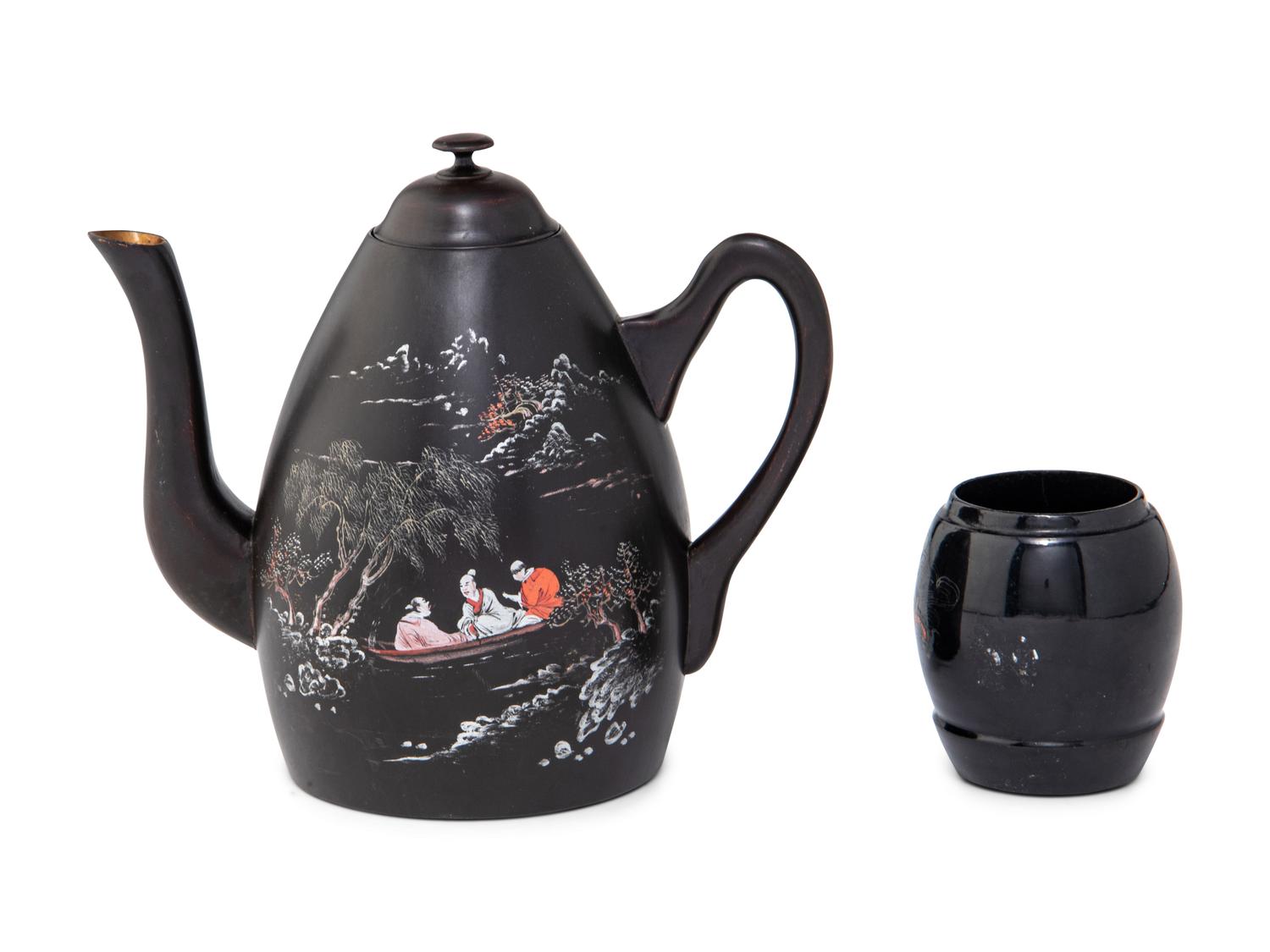 A Chinese Painted Lacquer Teapot and A Tea Caddy