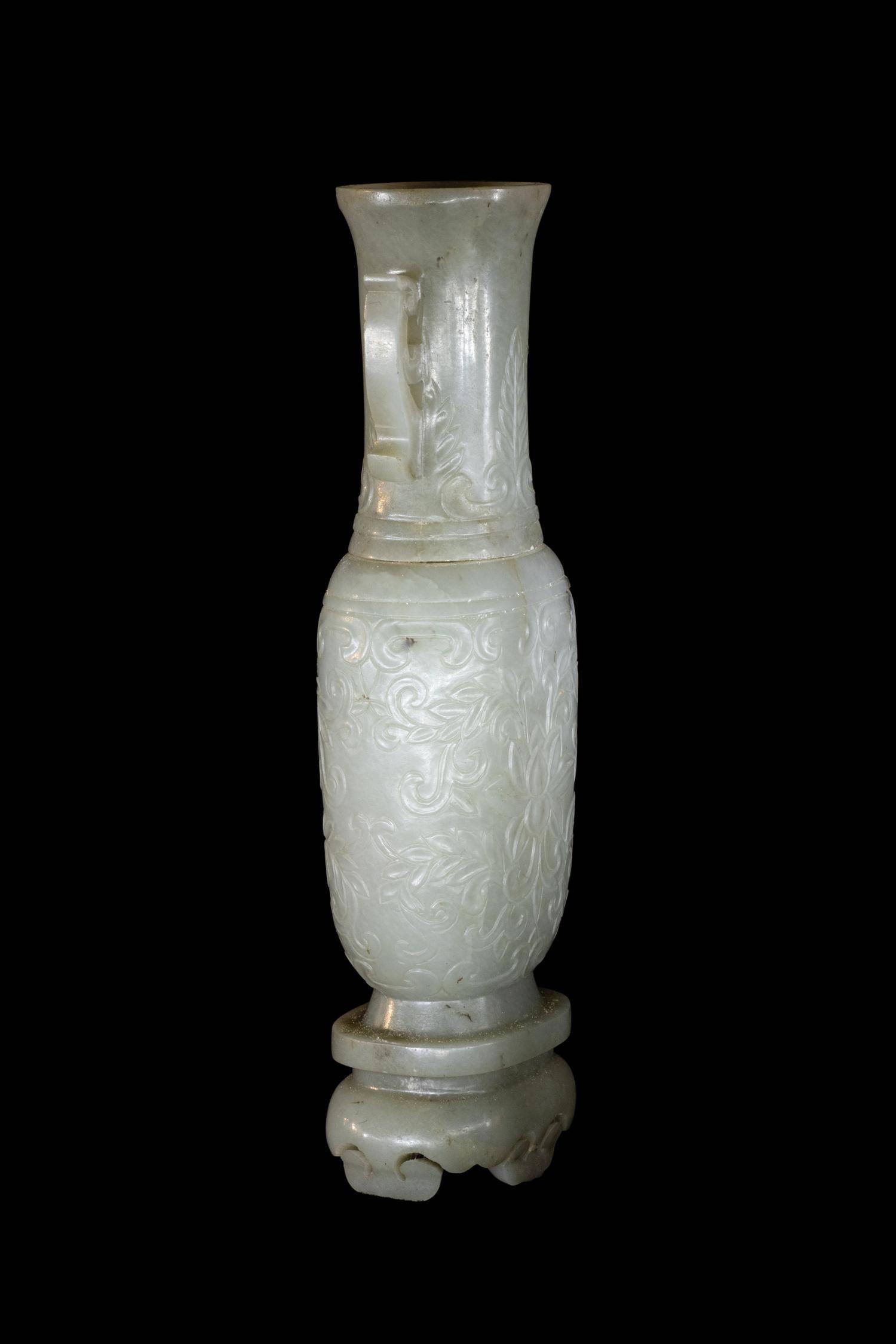 A Small Pale Carved Pale Celadon Jade Vase and Stand