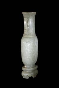 A Small Pale Carved Pale Celadon Jade Vase and Stand