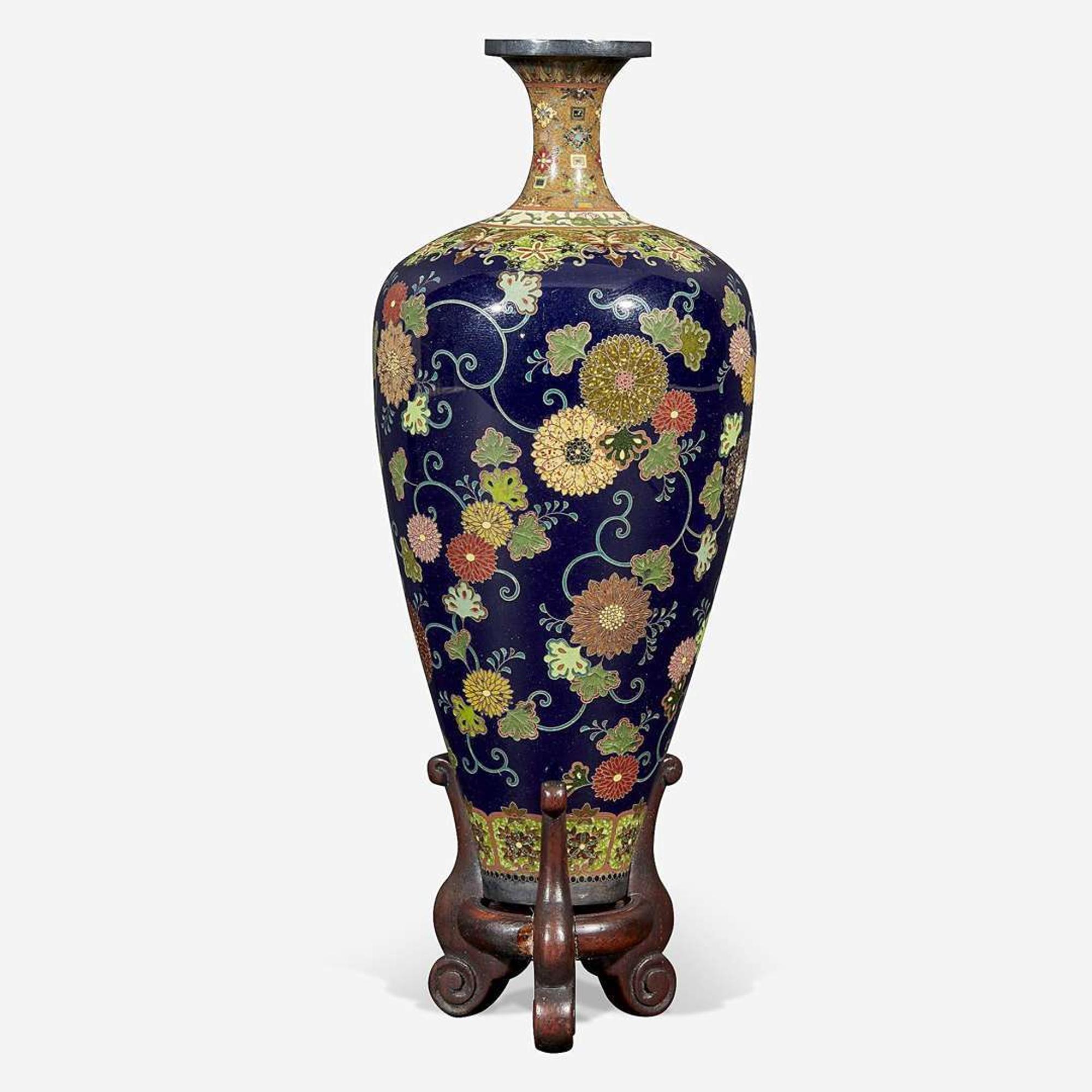 A fine Japanese cloisonné cabinet vase on wood stand, Namikawa Yasuyuki Meiji period