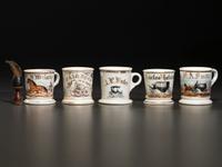 Five Porcelain Occupational Shaving Mugs Depicting Buggies and Carriages