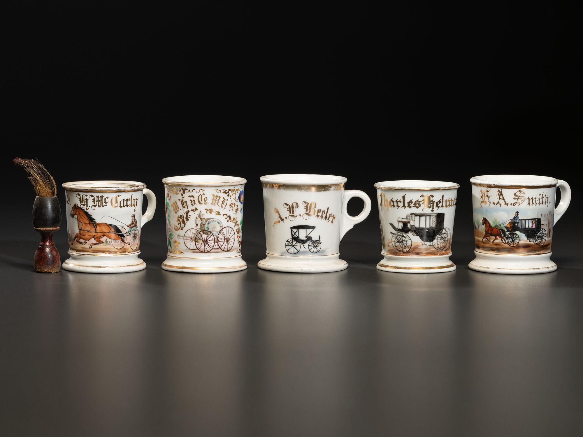 Five Porcelain Occupational Shaving Mugs Depicting Buggies and Carriages