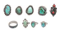 Eight Southwestern Silver and Turquoise Rings