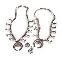Pair of Petite Navajo Silver and Turquoise Squash Blossom Necklaces, and Naja Screwback Earrings