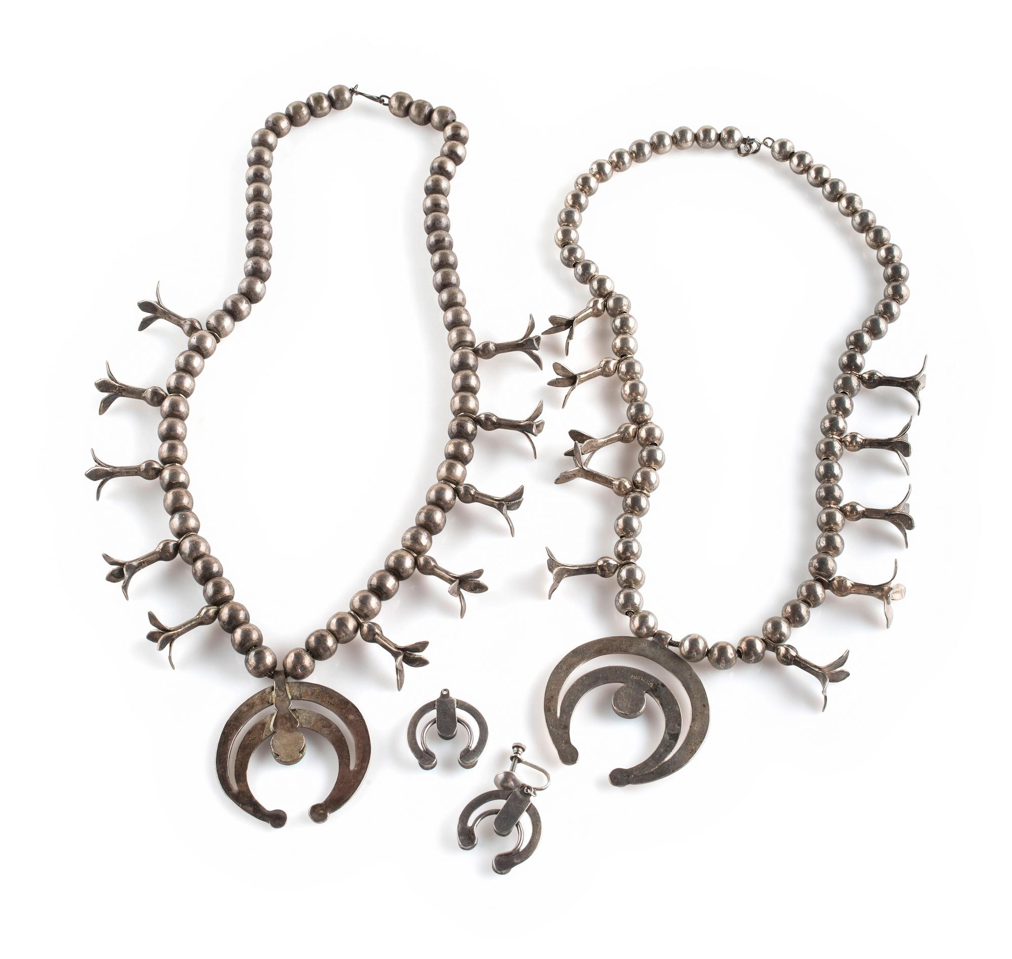 Pair of Petite Navajo Silver and Turquoise Squash Blossom Necklaces, and Naja Screwback Earrings
