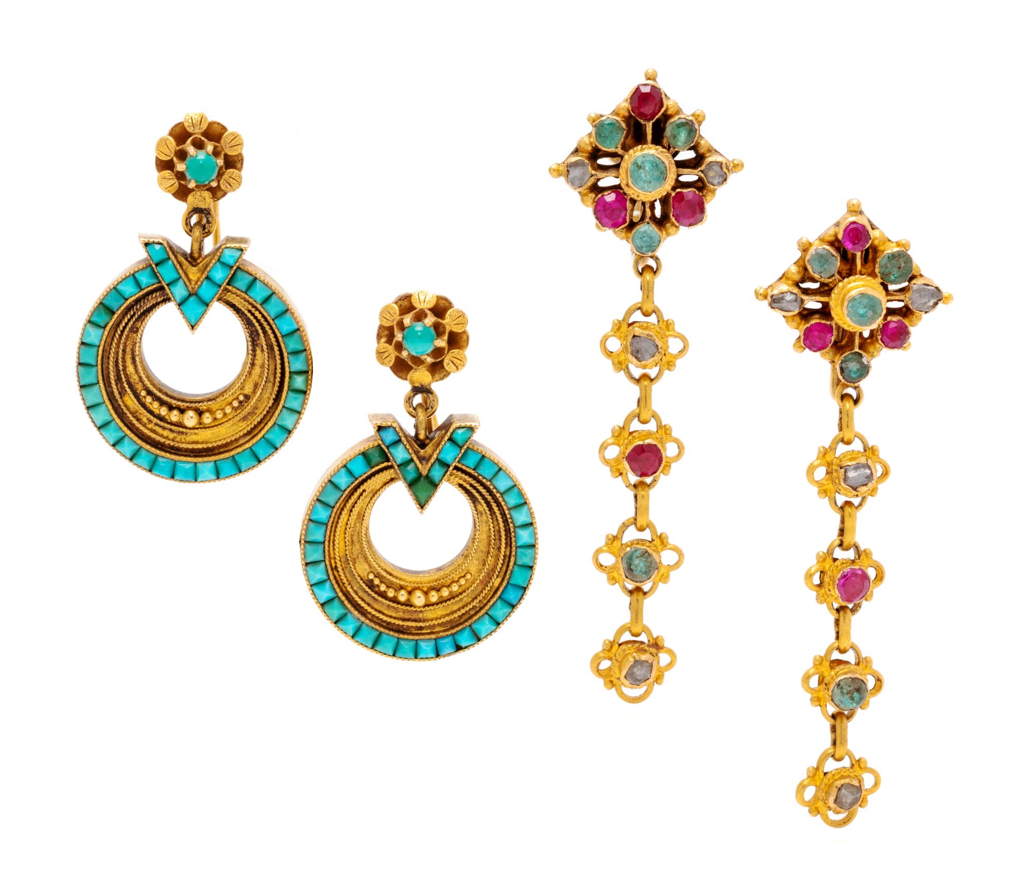 A Collection of Yellow Gold and Multigem Earclips,