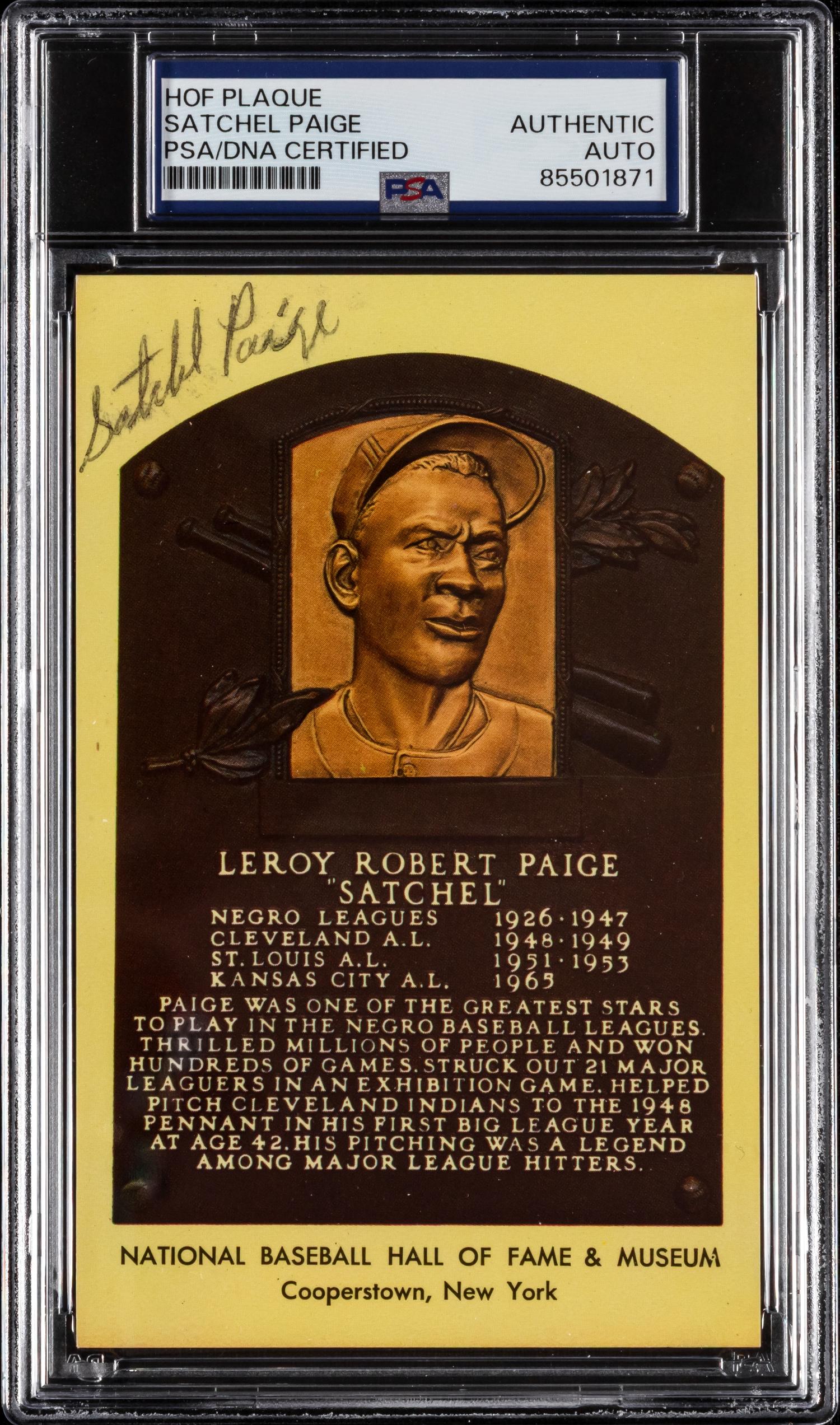 A Satchel Paige Signed Autograph Hall of Fame Postcard (PSA Encapsulated)