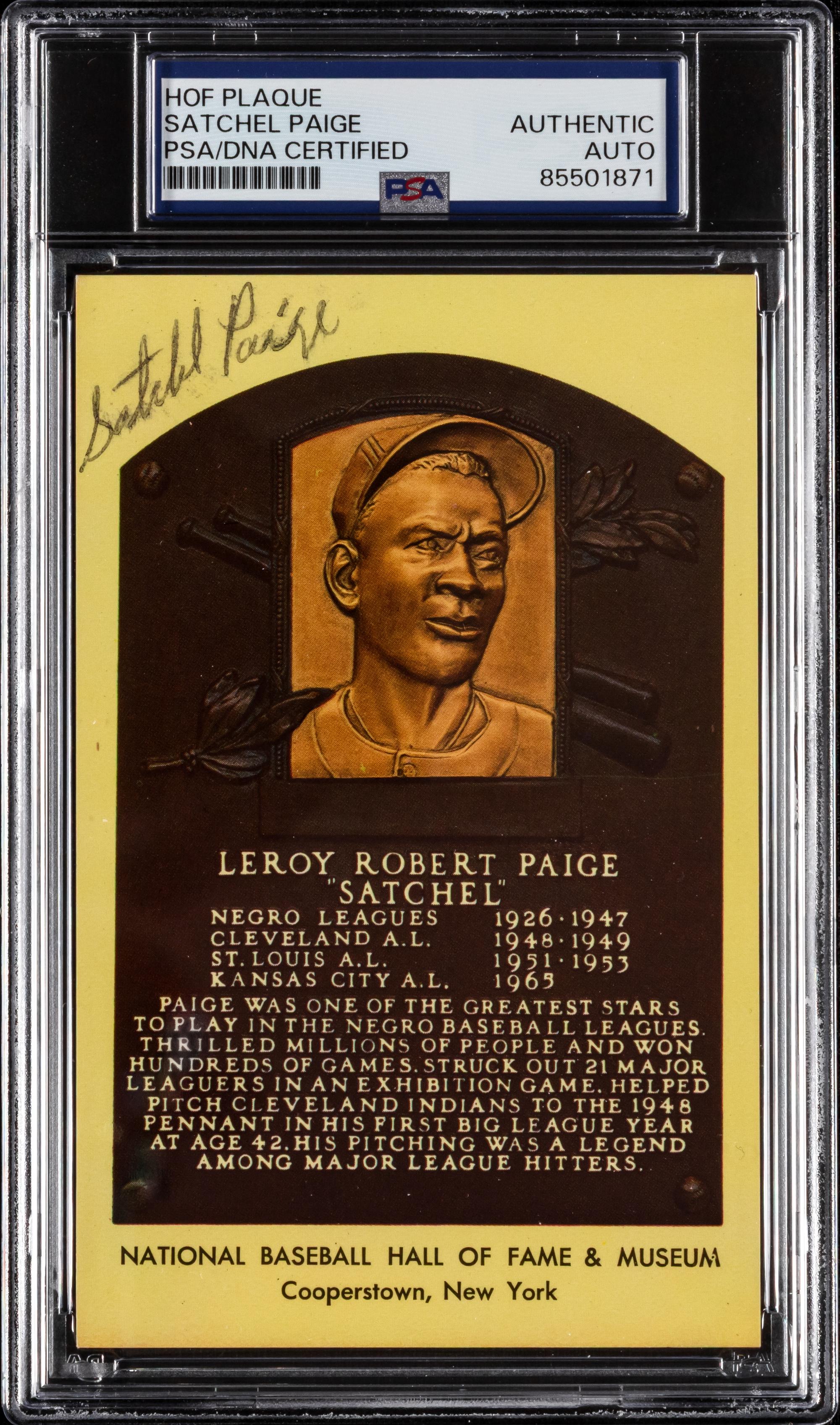 A Satchel Paige Signed Autograph Hall of Fame Postcard (PSA Encapsulated)
