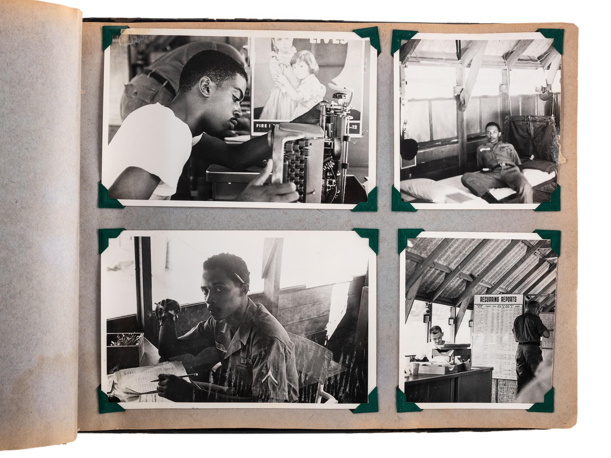 [VIETNAM]. Photo album and accompanying paperwork identified to African American US Army Sergeant Howard L. Cooper. Ca 1960s.