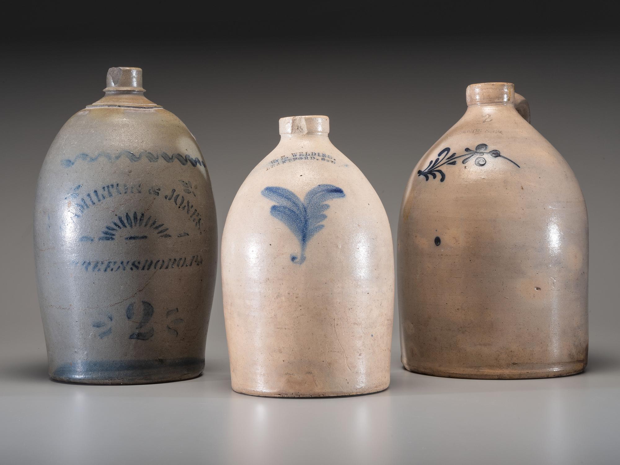 Three Cobalt Decorated Stoneware Jugs