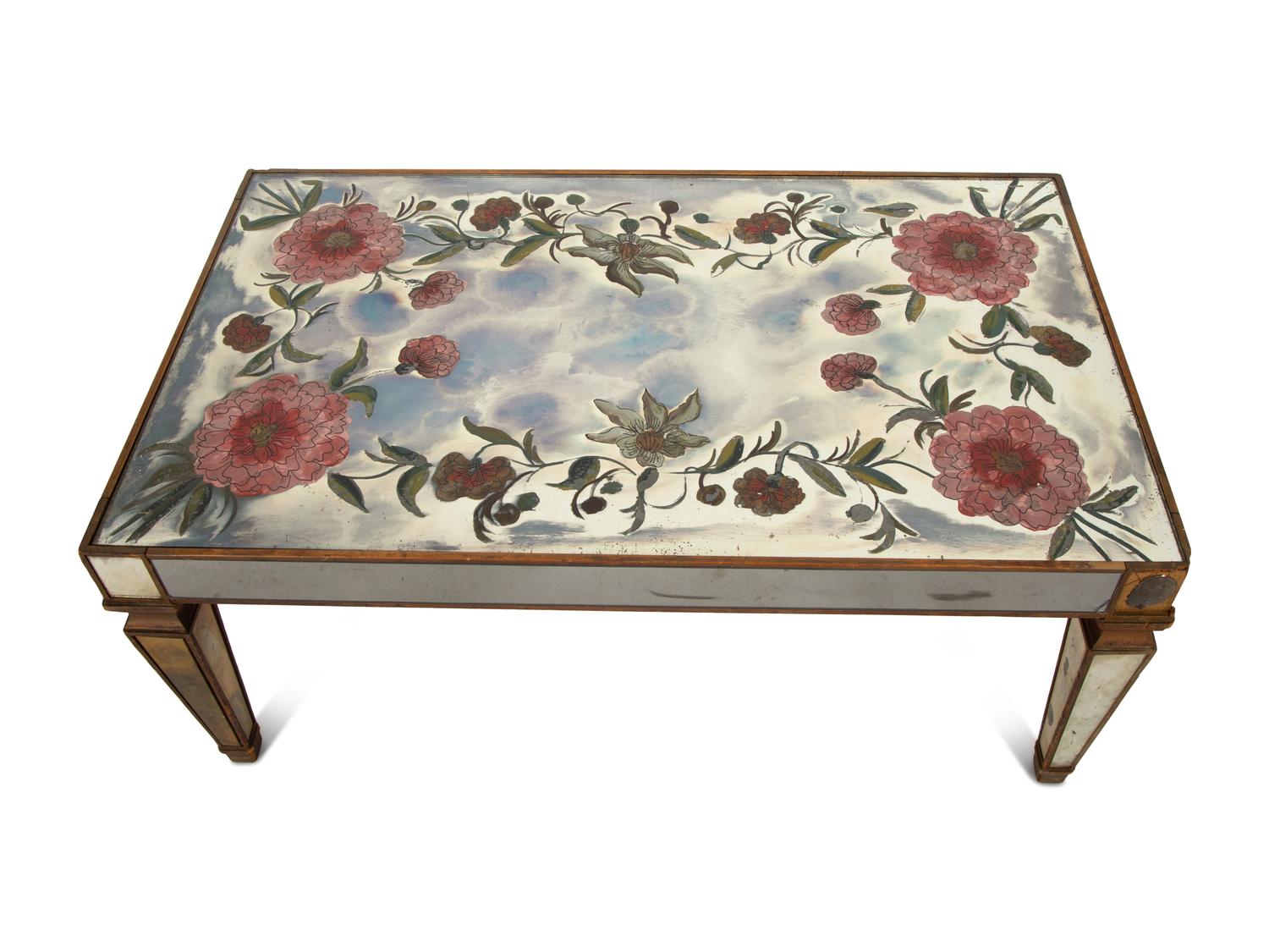 An Eglomisé Mirrored Coffee Table with Floral Decoration