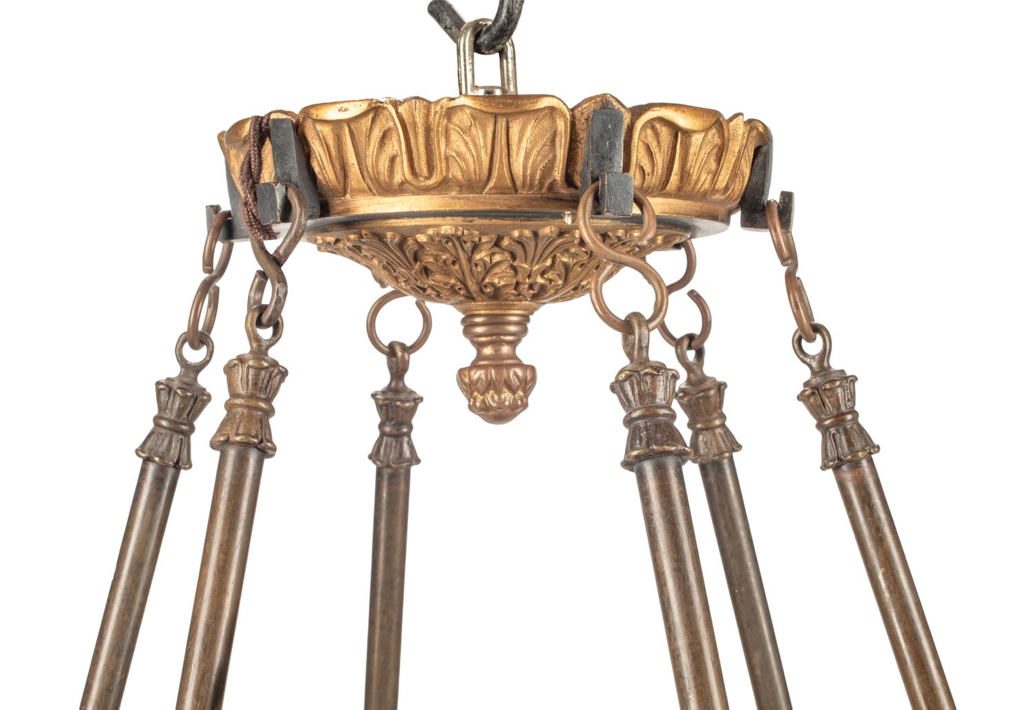 An Empire Style Bronze and Tôle Six-Light Chandelier