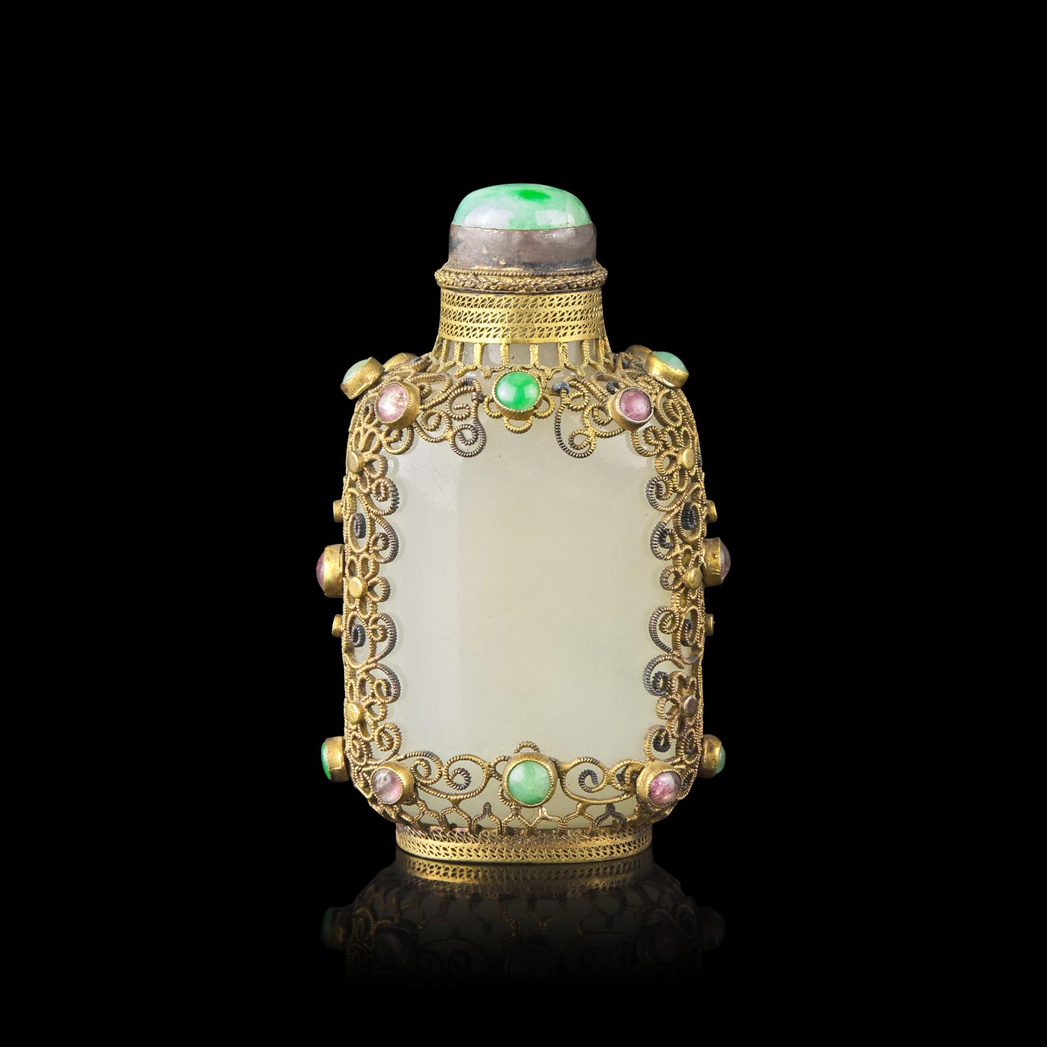 A Chinese Hardstone Embellished Gilt Metal Filigree Mounted White Jade Snuff Bottle, Jade: 18th/19th Century 清中期 白玉掐金絲鼻煙壺