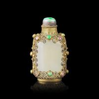 A Chinese Hardstone Embellished Gilt Metal Filigree Mounted White Jade Snuff Bottle, Jade: 18th/19th Century 清中期 白玉掐金絲鼻煙壺