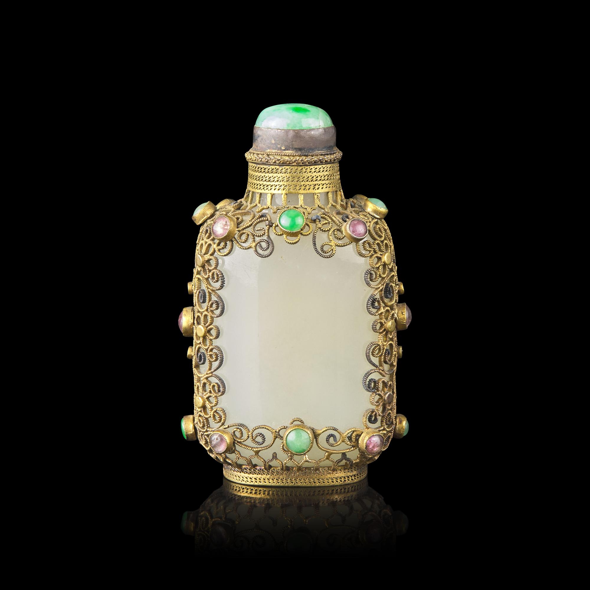 A Chinese Hardstone Embellished Gilt Metal Filigree Mounted White Jade Snuff Bottle, Jade: 18th/19th Century 清中期 白玉掐金絲鼻煙壺