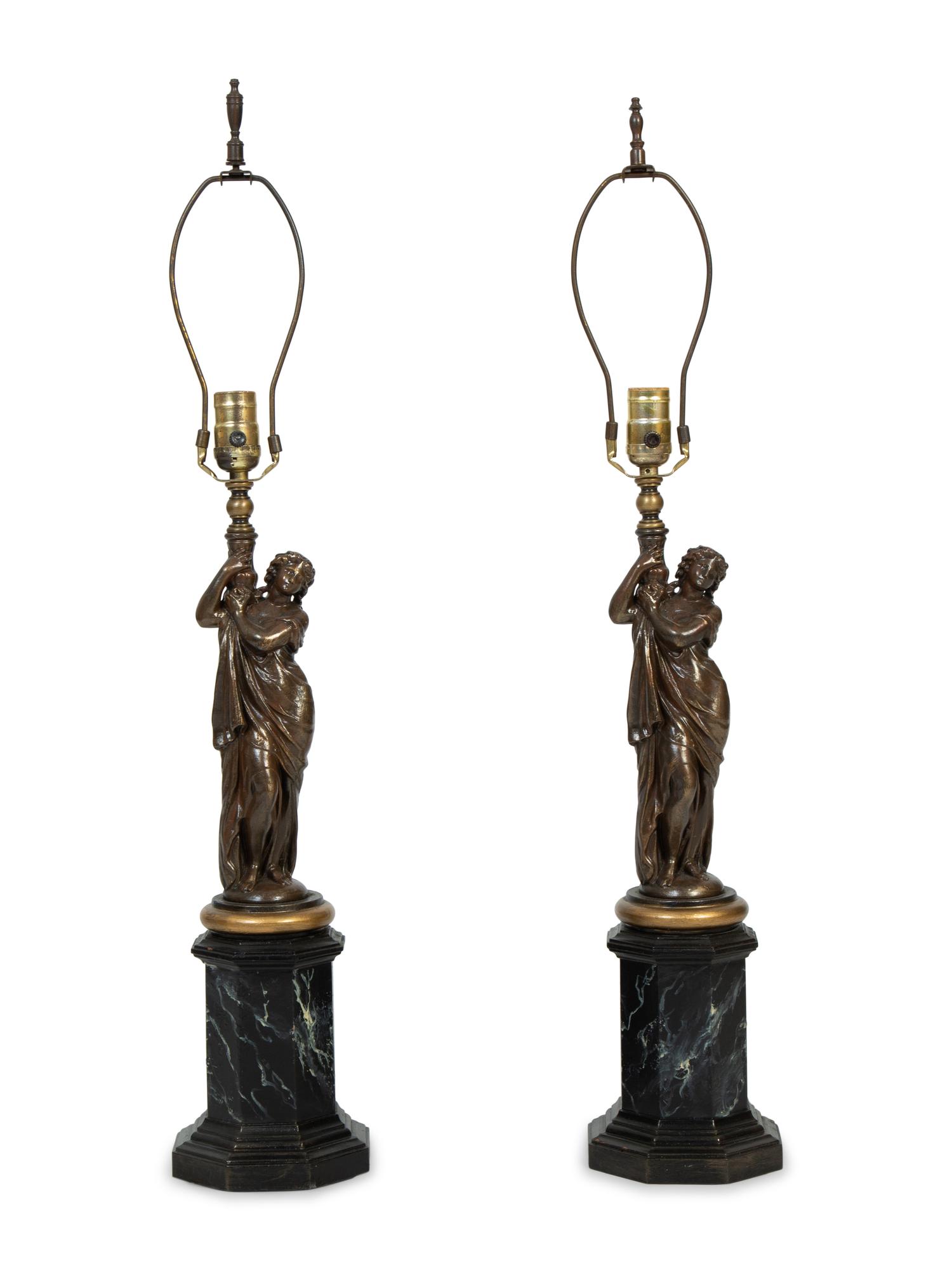 A Pair of Cast Metal and Faux Marble Figures on Plinths Mounted as Lamps — 20TH CENTURY
