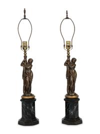 A Pair of Cast Metal and Faux Marble Figures on Plinths Mounted as Lamps — 20TH CENTURY