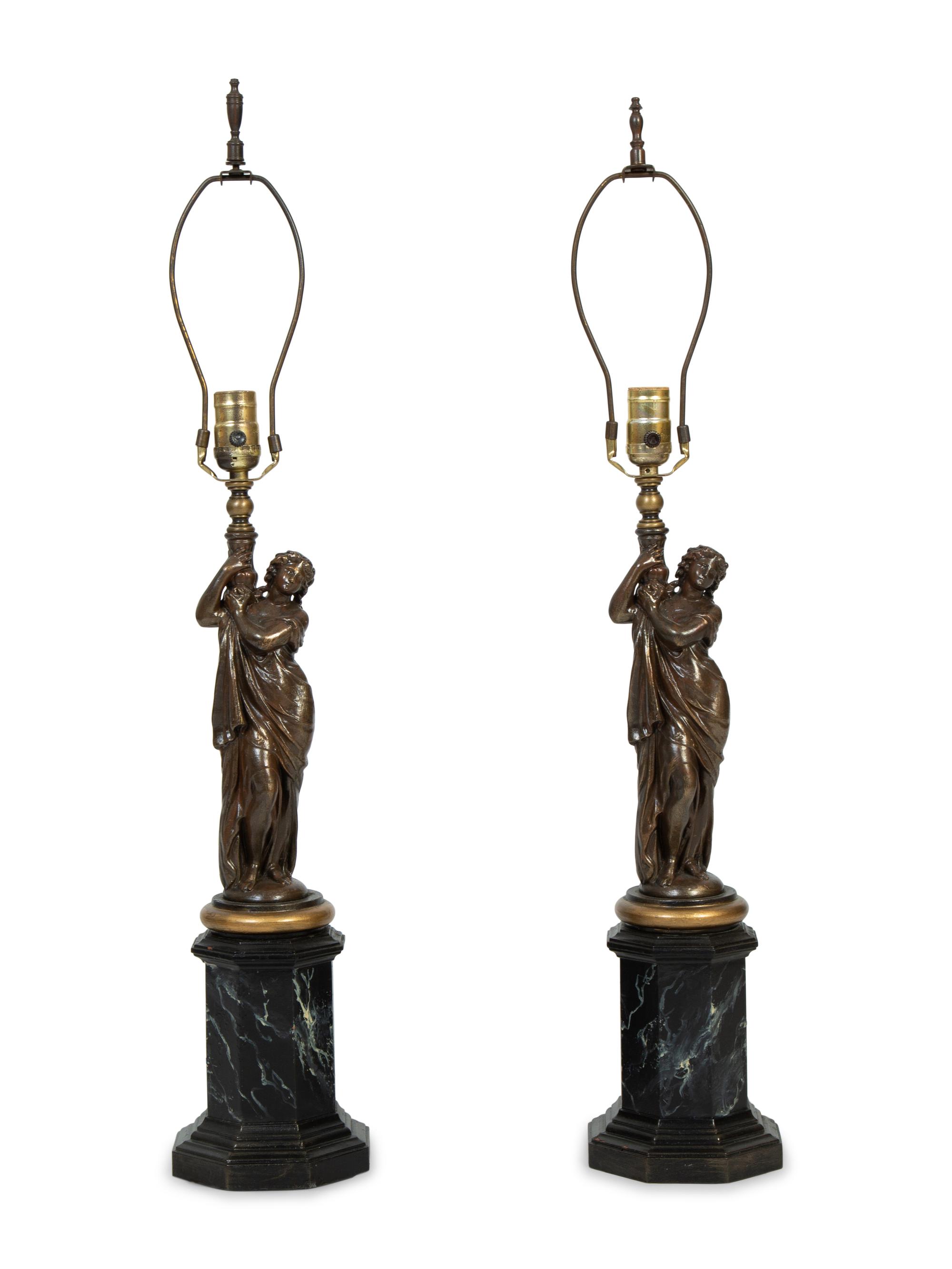 A Pair of Cast Metal and Faux Marble Figures on Plinths Mounted as Lamps — 20TH CENTURY