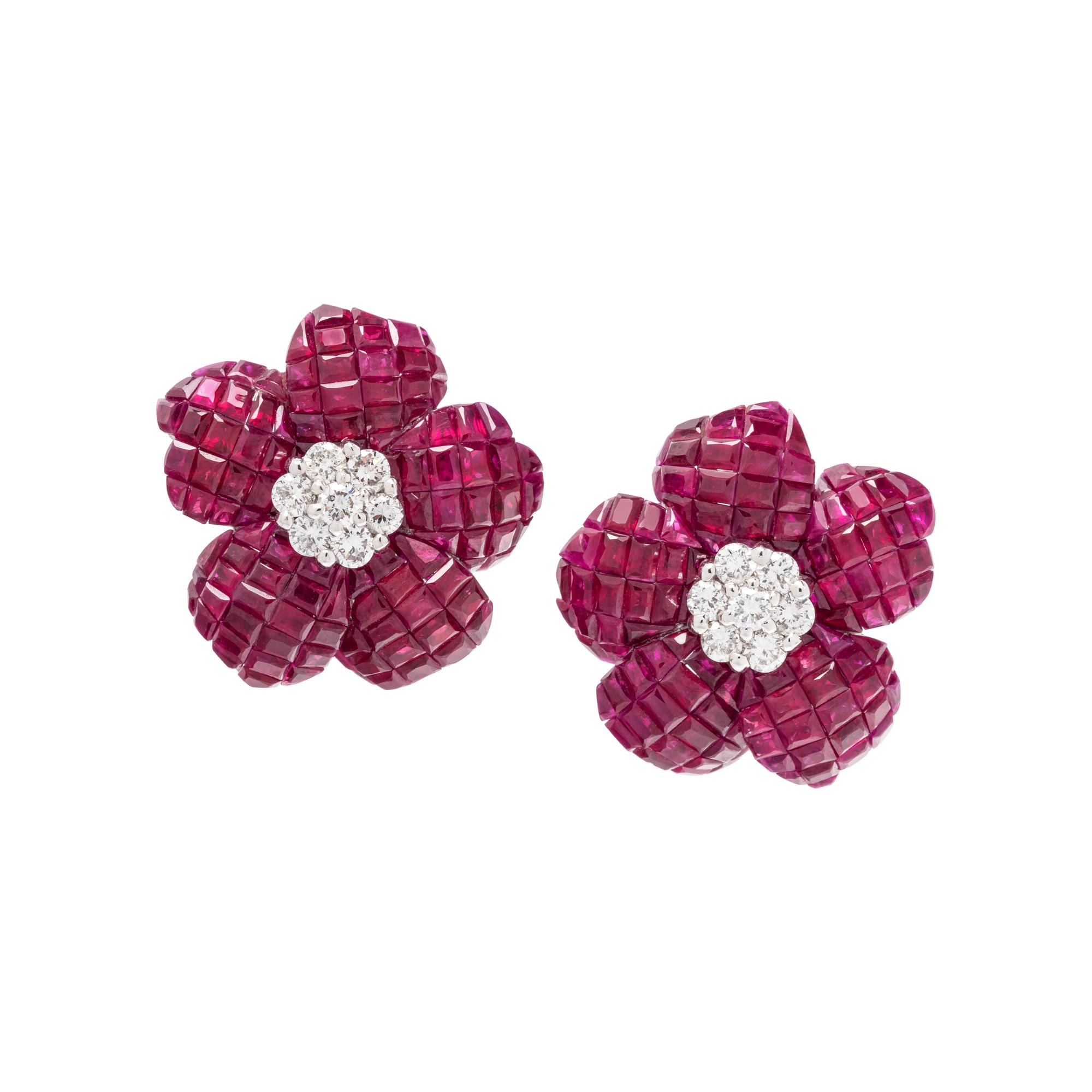 RUBY AND DIAMOND FLOWER EARCLIPS