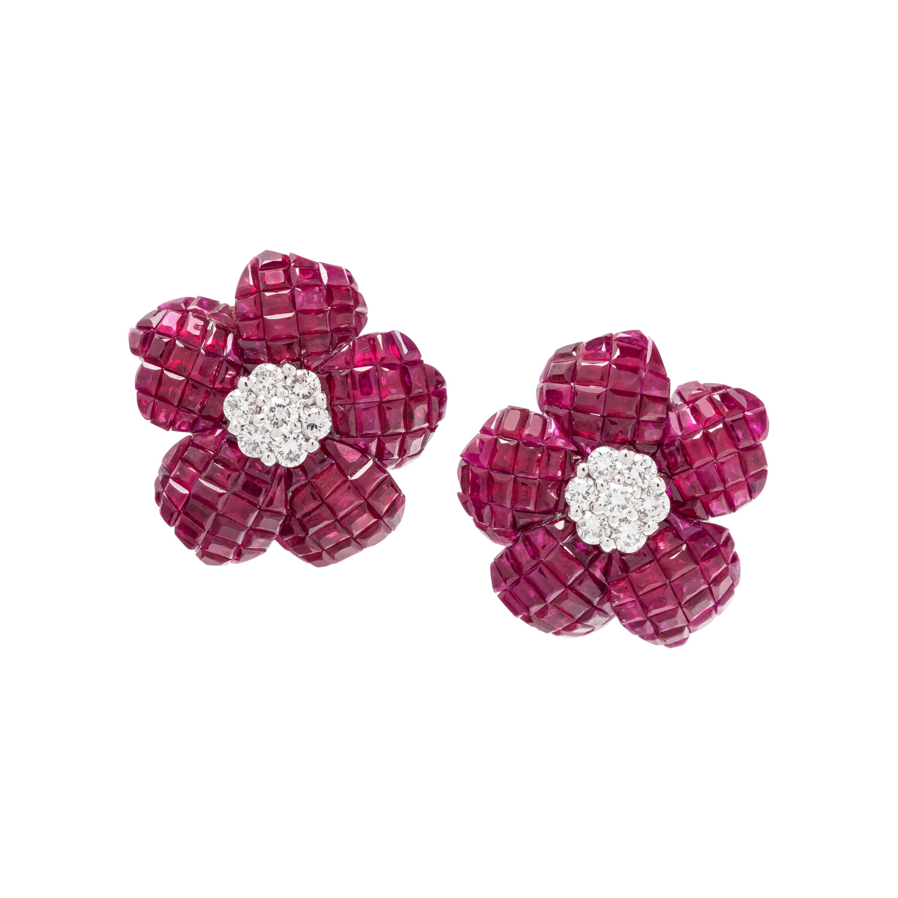 RUBY AND DIAMOND FLOWER EARCLIPS